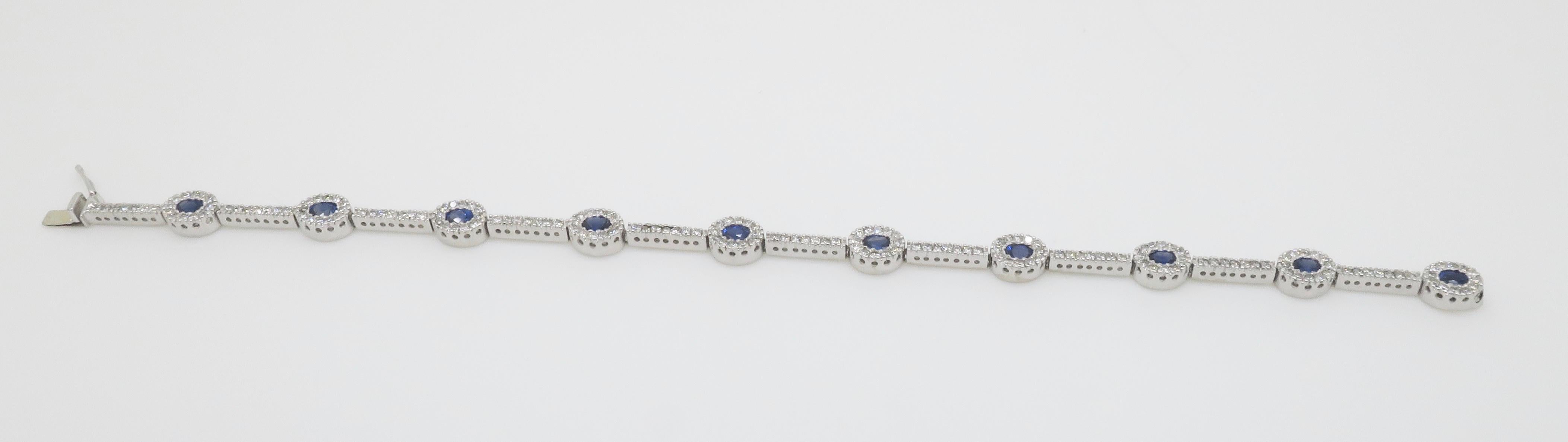 Blue Sapphire & Diamond Halo Line Bracelet in White Gold  For Sale 4