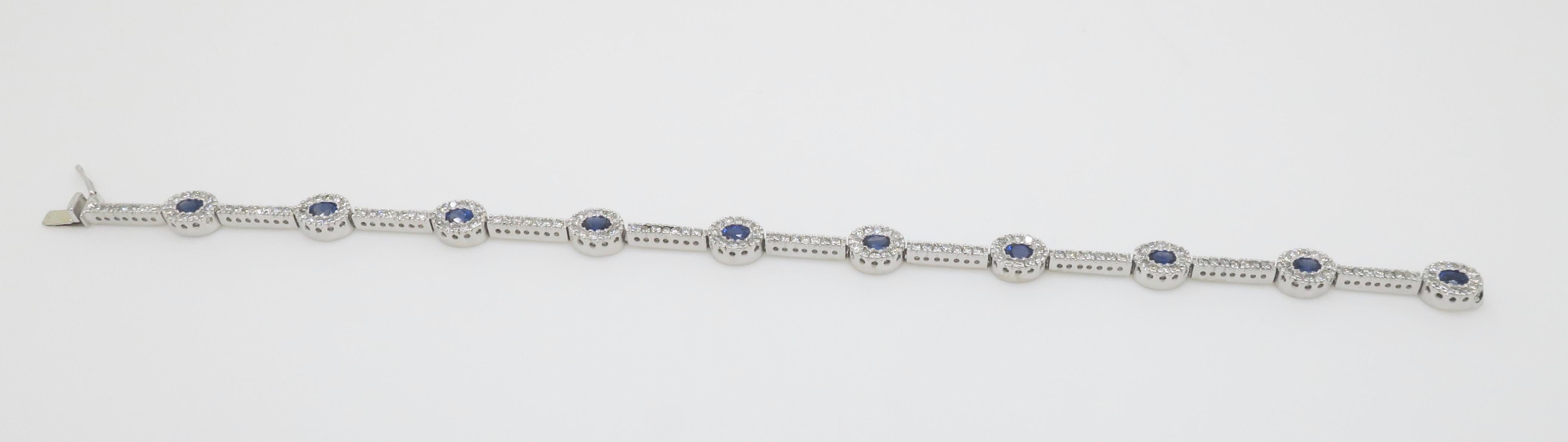 Blue Sapphire & Diamond Halo Line Bracelet in White Gold For Sale 4