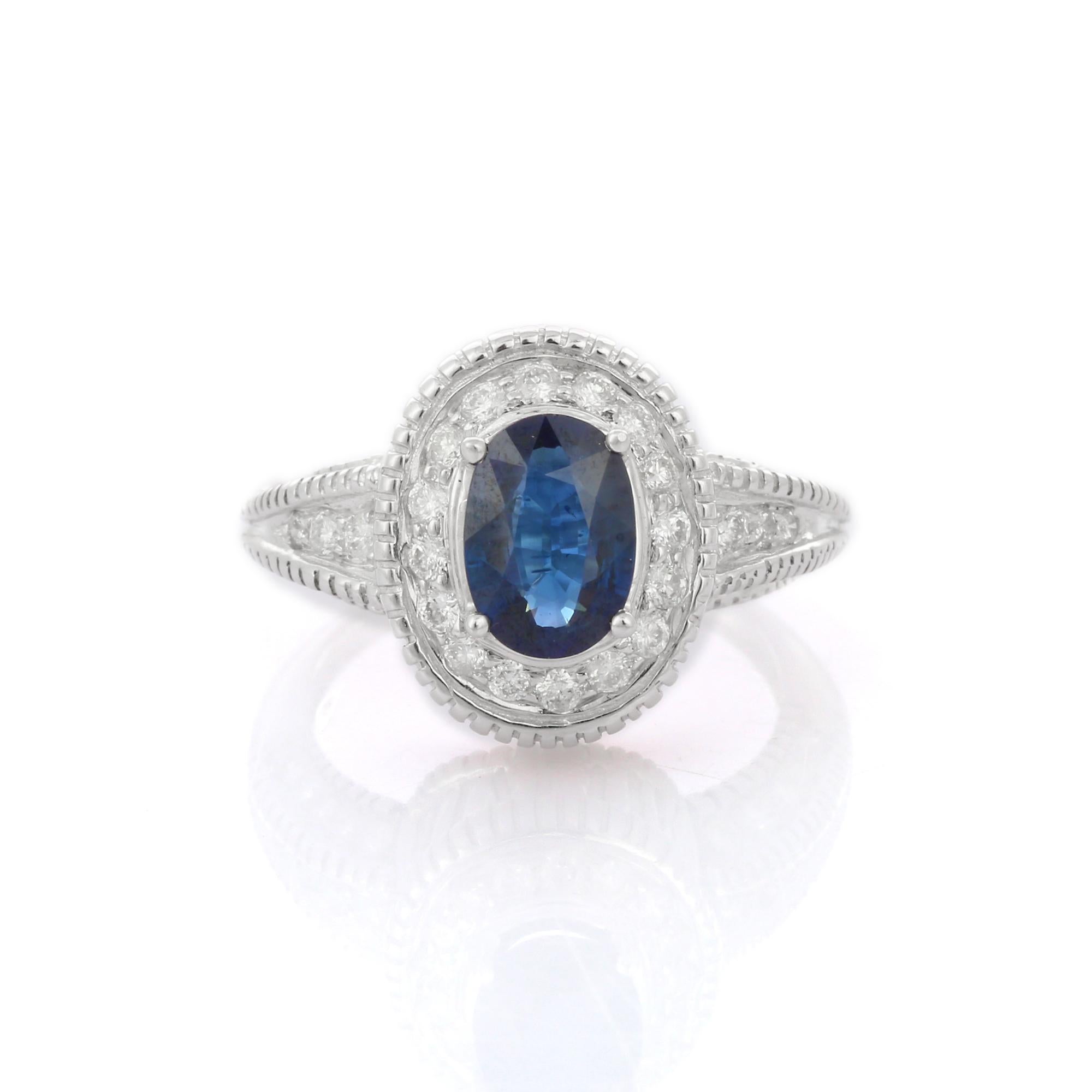 For Sale:  Blue Sapphire Amid Diamonds in 18K Solid White Gold Wedding Ring 2