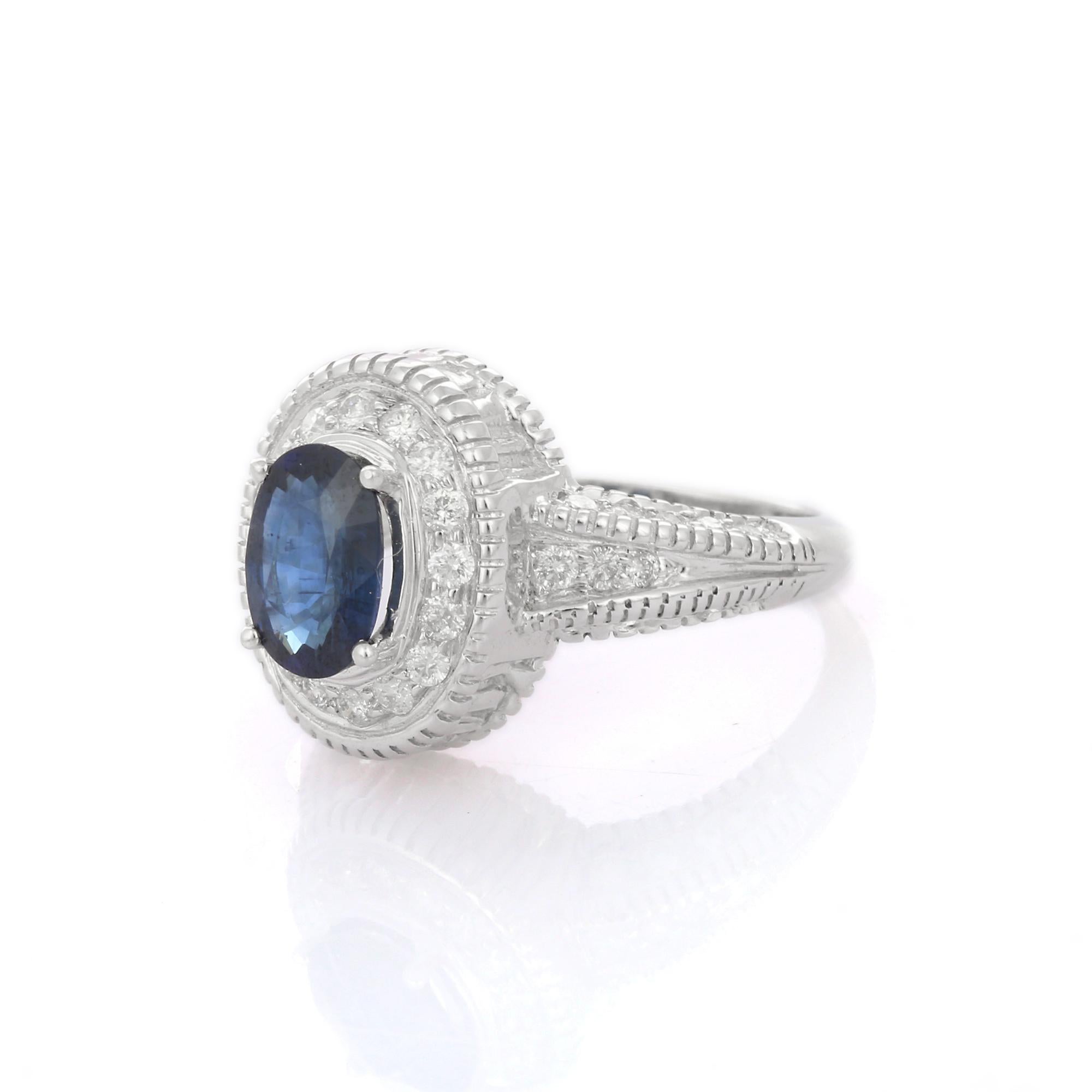 For Sale:  Blue Sapphire Amid Diamonds in 18K Solid White Gold Wedding Ring 3