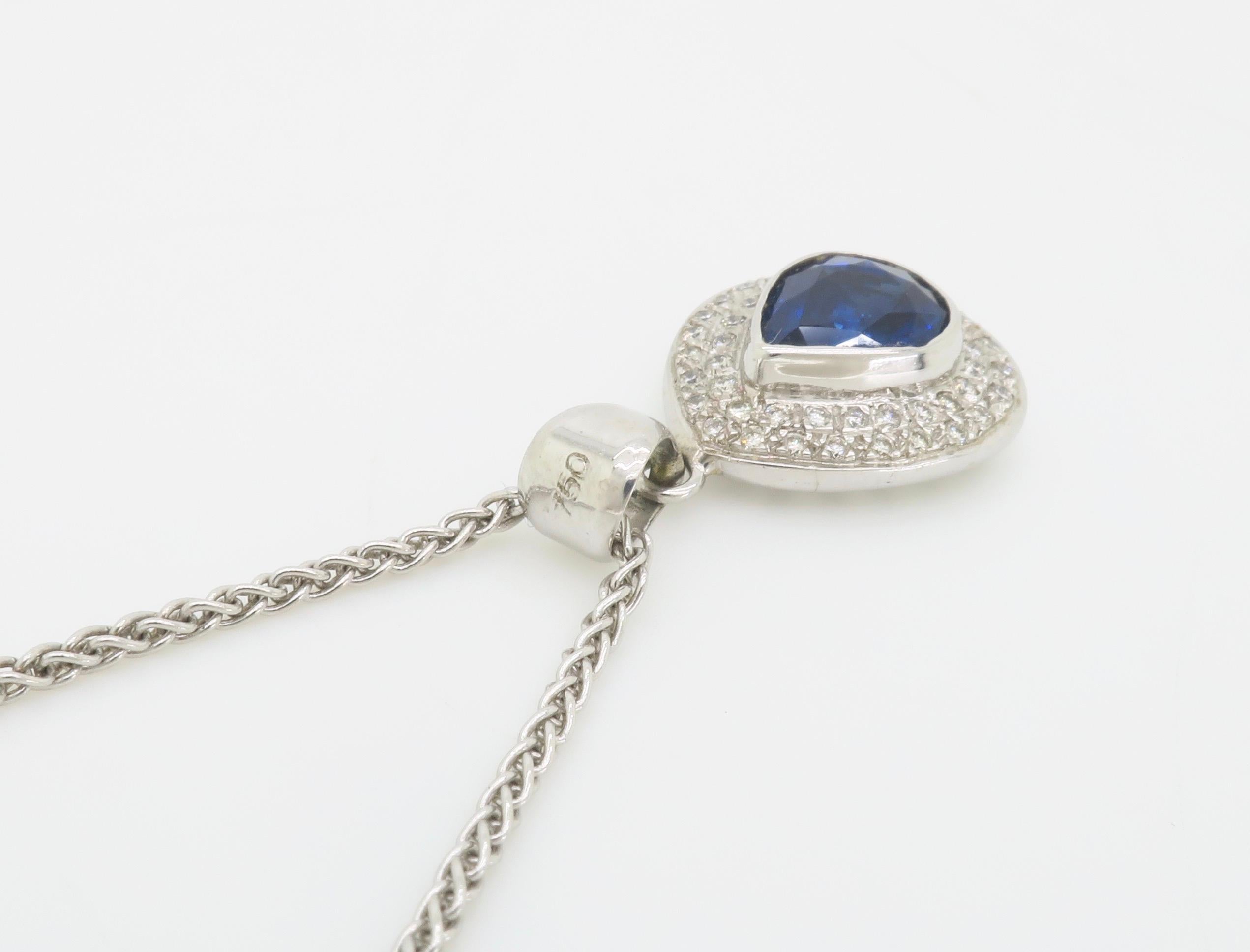 Women's or Men's Blue Sapphire & Diamond Halo Pendant Necklace in 18k For Sale