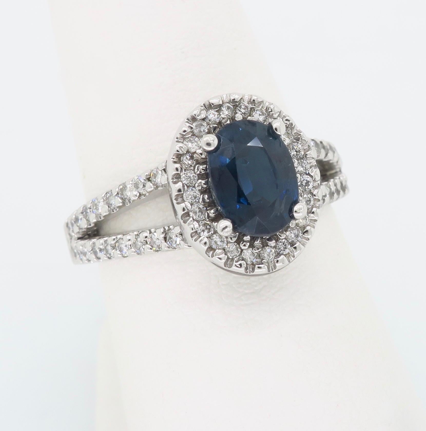 Blue Sapphire and Diamond Halo Ring In New Condition In Webster, NY