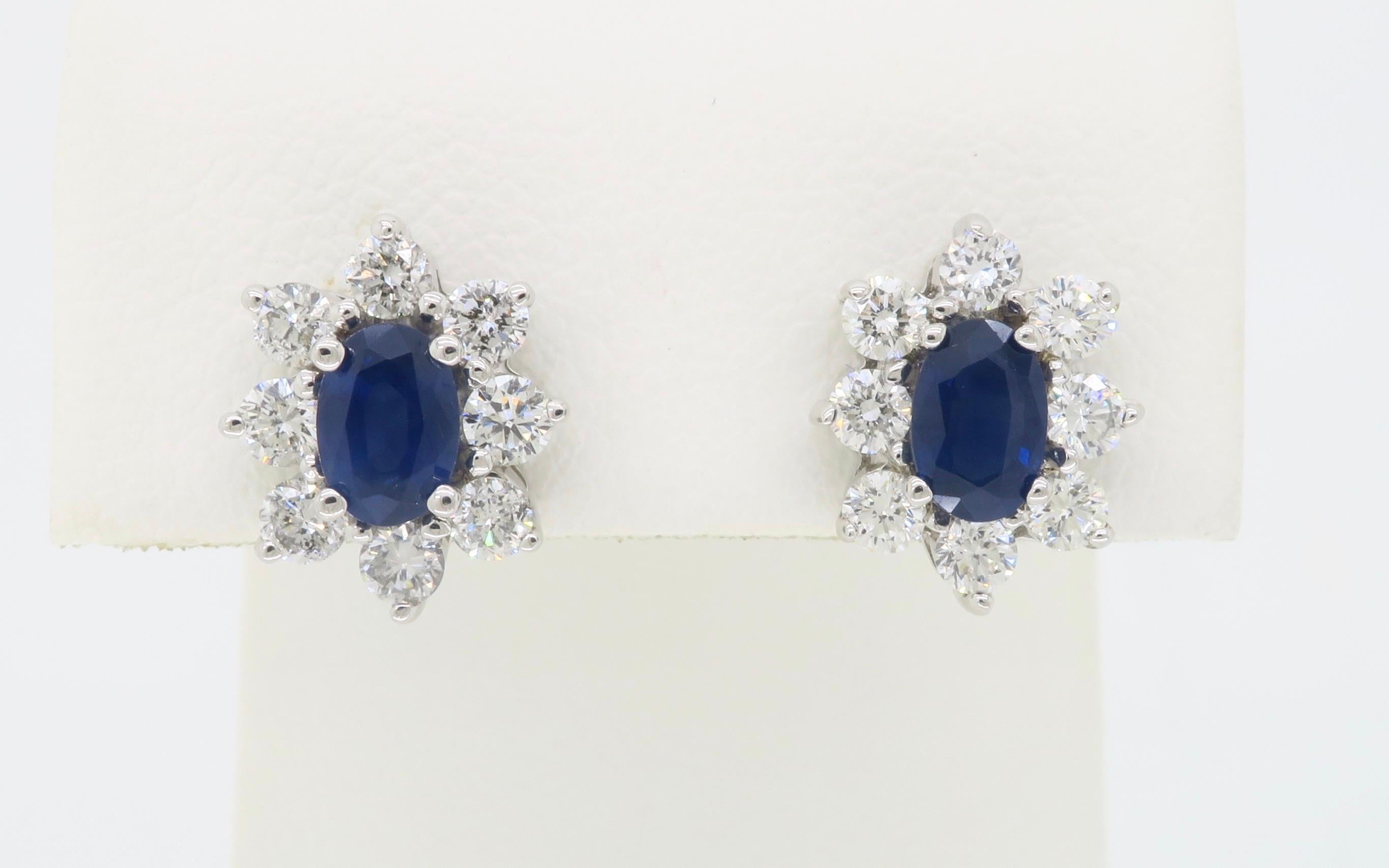 Beautiful Oval Blue Sapphire and Diamond halo stud earrings. 

Gemstone: Sapphire & Diamond
Diamond Carat Weight: .96CTW
Diamond Clarity: Average G-I
Diamond Color: Average VS
Metal: 14K White Gold
Marked/Tested: Stamped 
