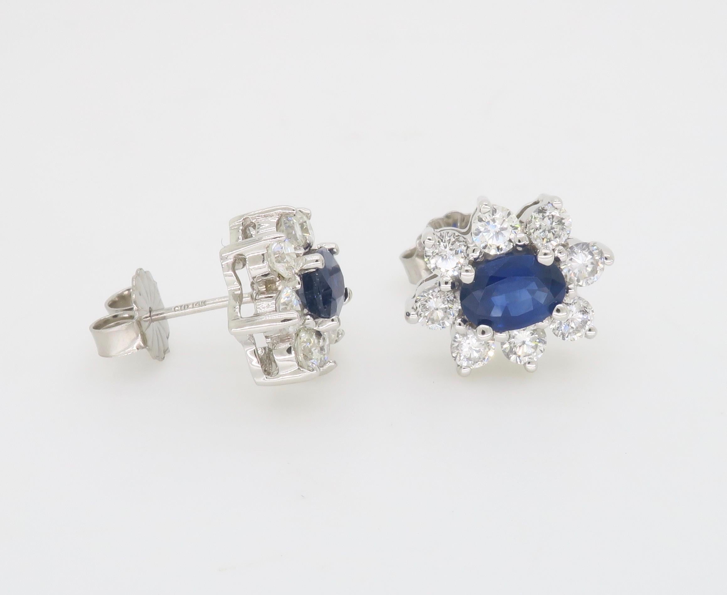 Oval Cut Blue Sapphire & Diamond Halo Stud Earrings
