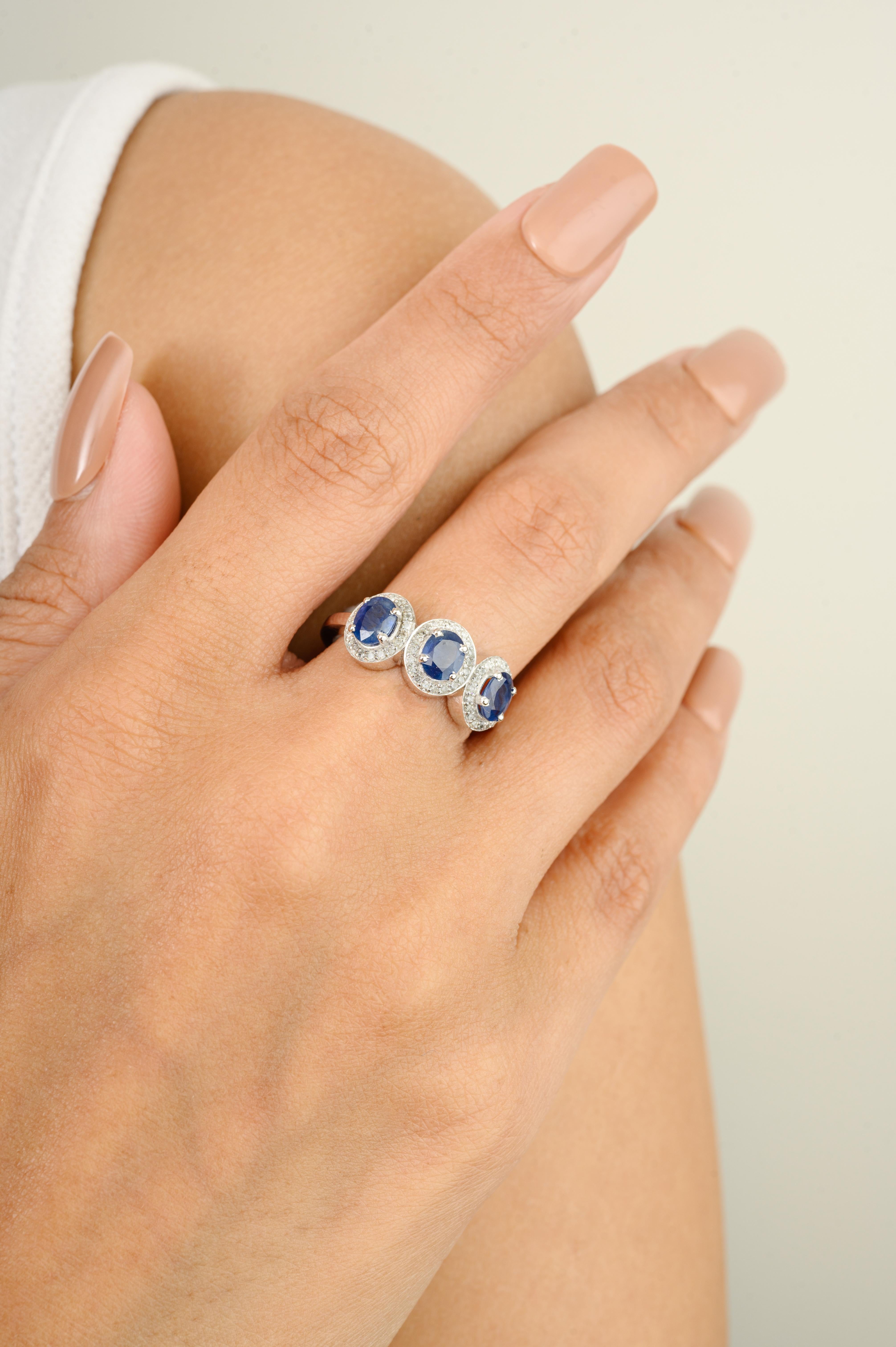 For Sale:  Blue Sapphire Diamond Halo Three Stone Engagement Ring in 14k Solid White Gold 2
