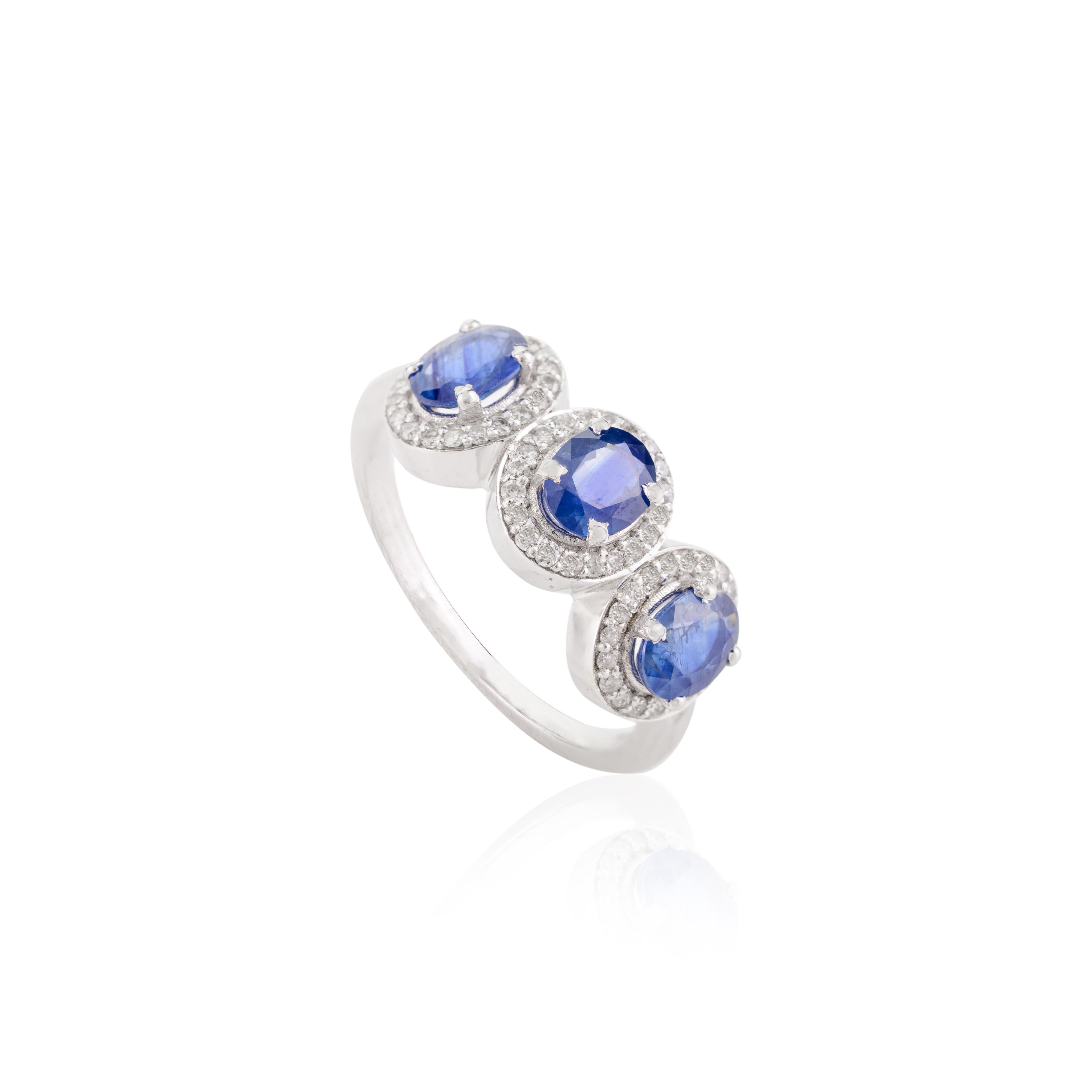 For Sale:  Blue Sapphire Diamond Halo Three Stone Engagement Ring in 14k Solid White Gold 3