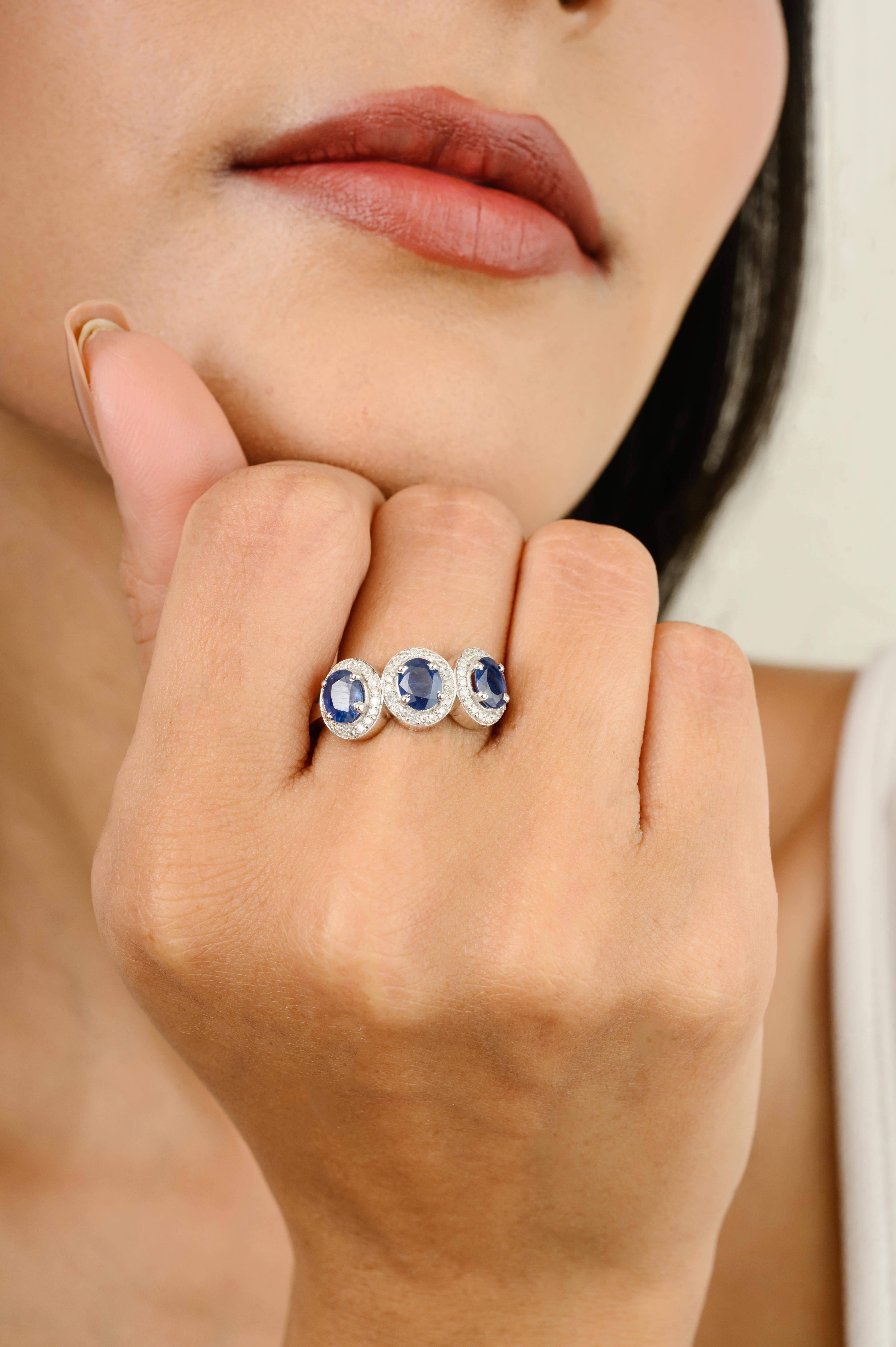 For Sale:  Blue Sapphire Diamond Halo Three Stone Engagement Ring in 14k Solid White Gold 6