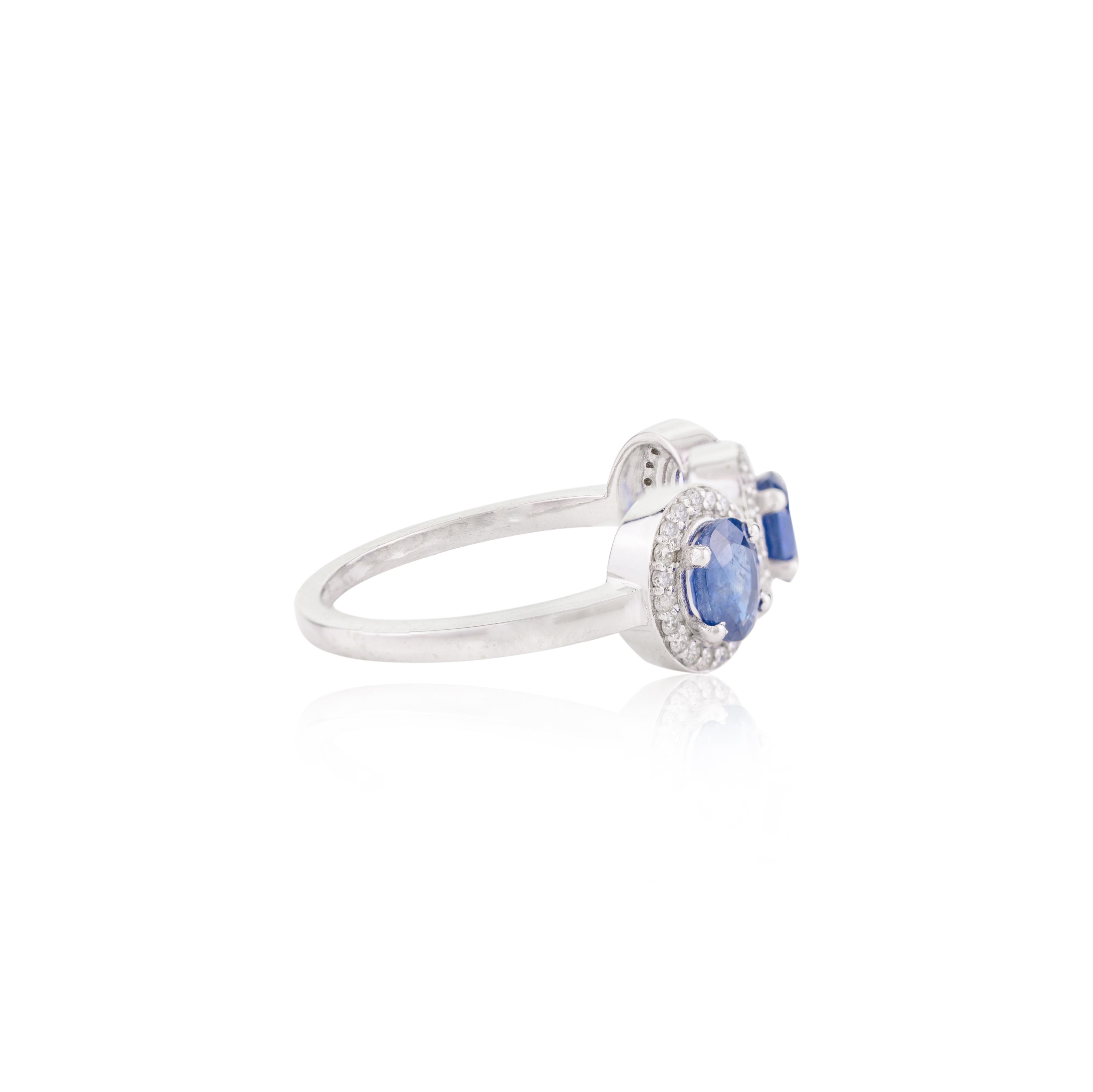 For Sale:  Blue Sapphire Diamond Halo Three Stone Engagement Ring in 14k Solid White Gold 7