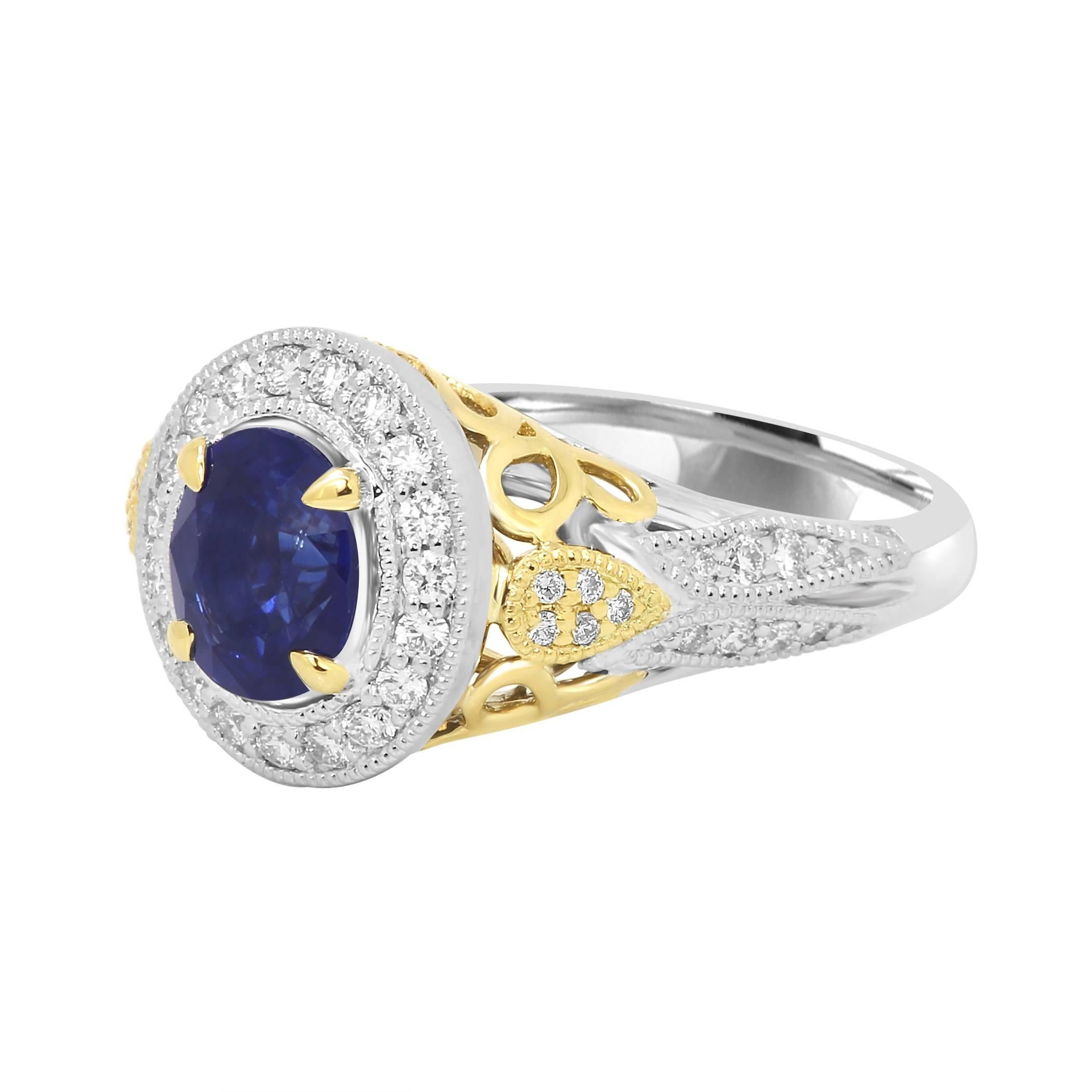 Art Deco Blue Sapphire Diamond Halo Two Color Gold Ring
