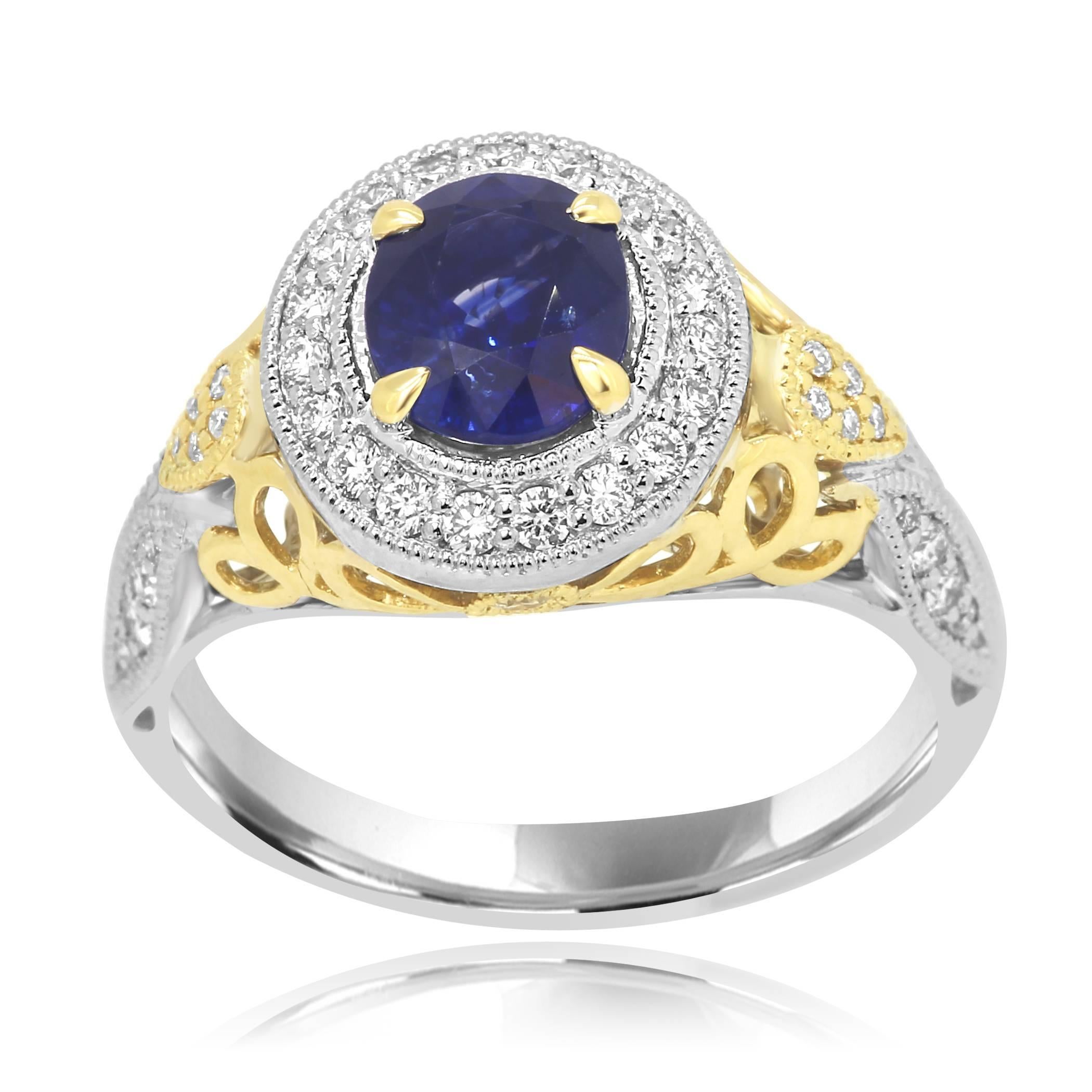 Oval Cut Blue Sapphire Diamond Halo Two Color Gold Ring