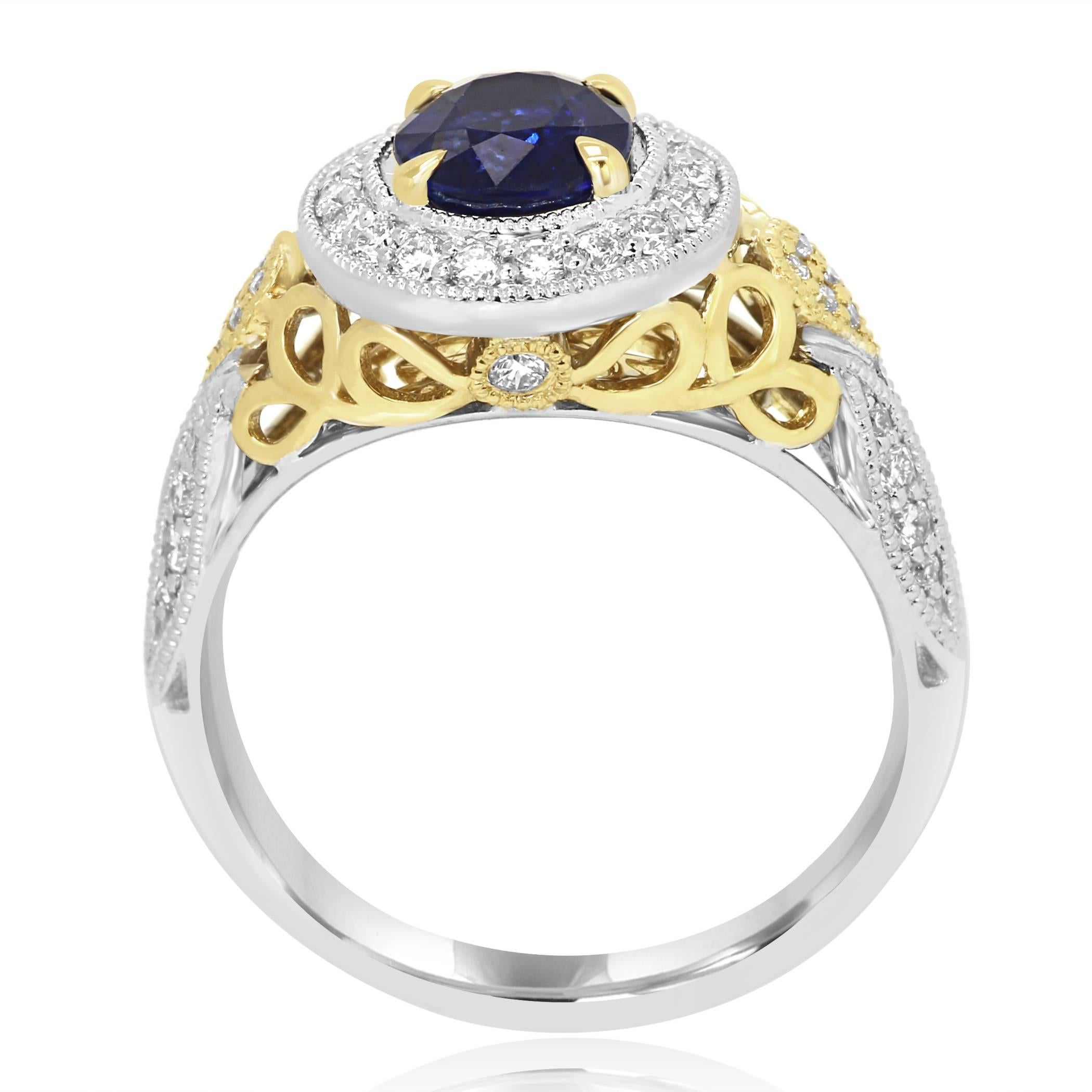 Blue Sapphire Diamond Halo Two Color Gold Ring In New Condition In NEW YORK, NY