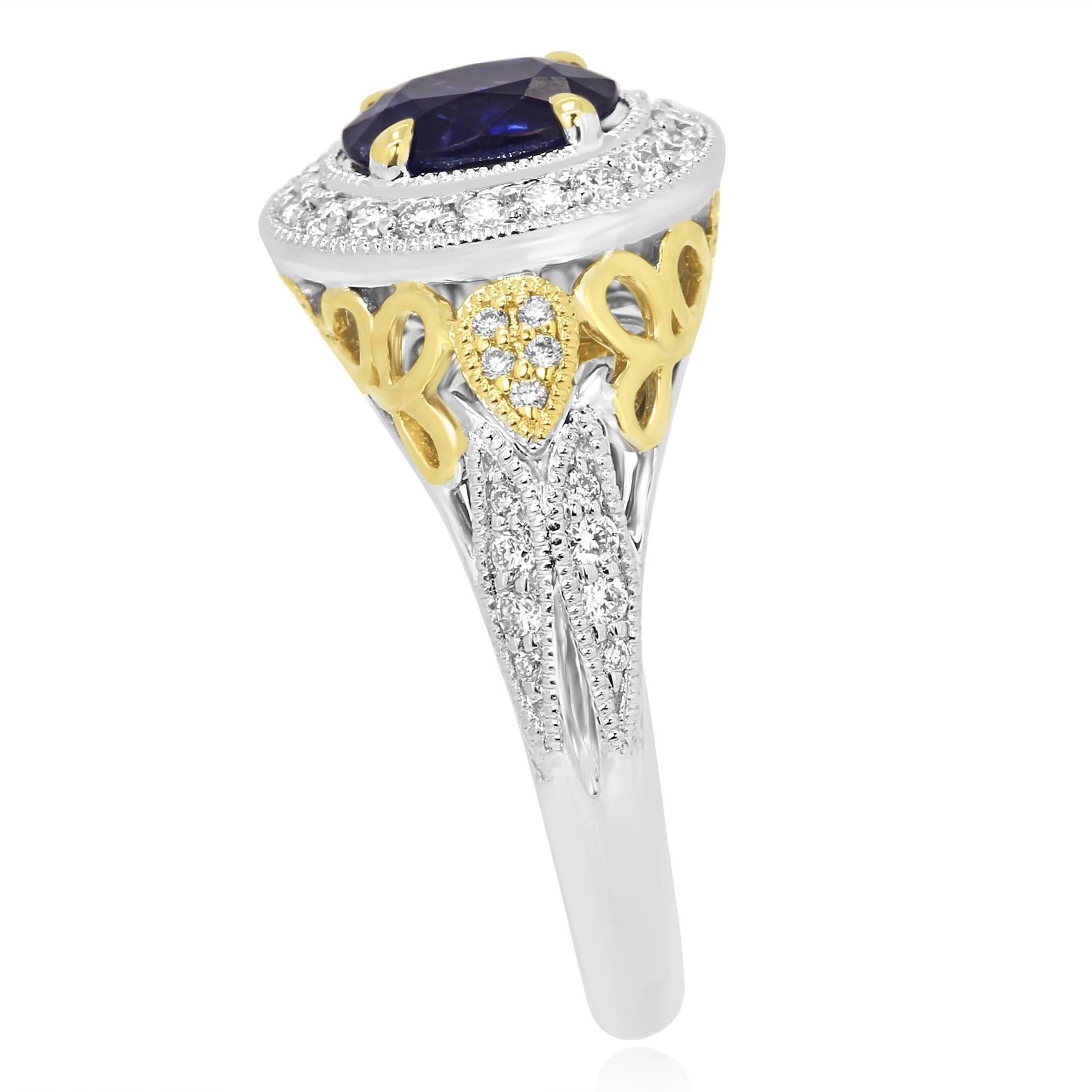 Women's Blue Sapphire Diamond Halo Two Color Gold Ring