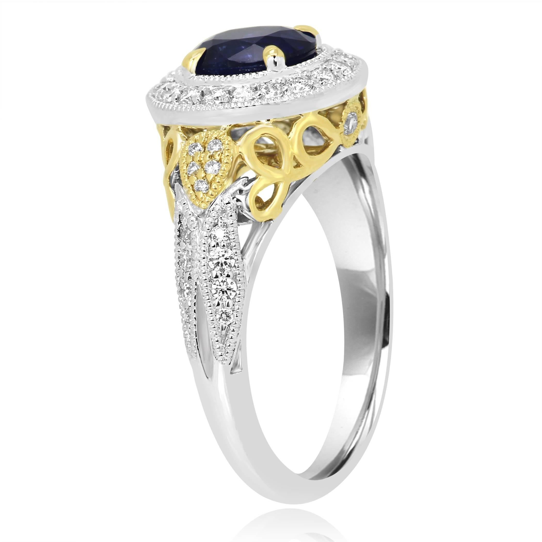 Blue Sapphire Diamond Halo Two Color Gold Ring 1
