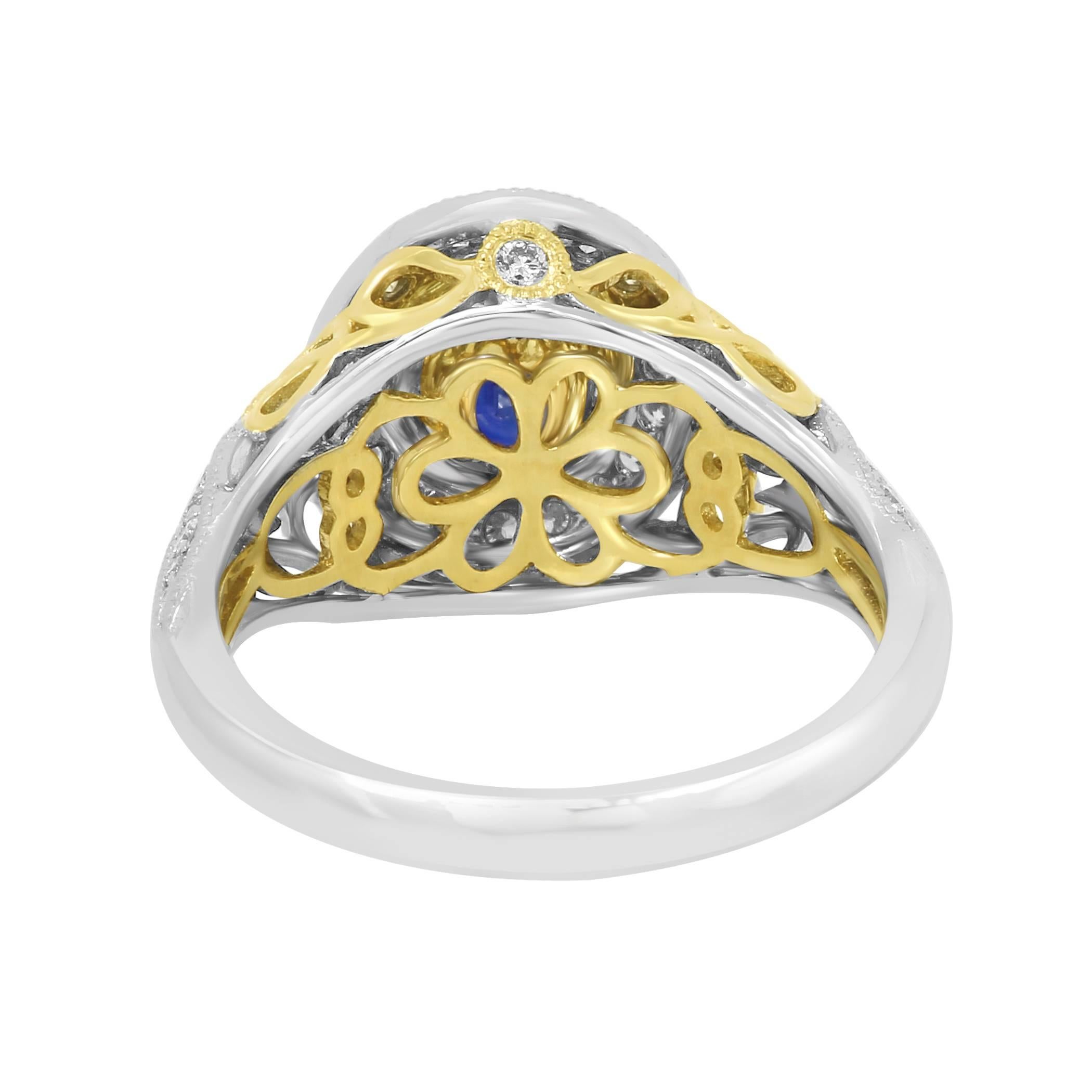 Blue Sapphire Diamond Halo Two Color Gold Ring 2
