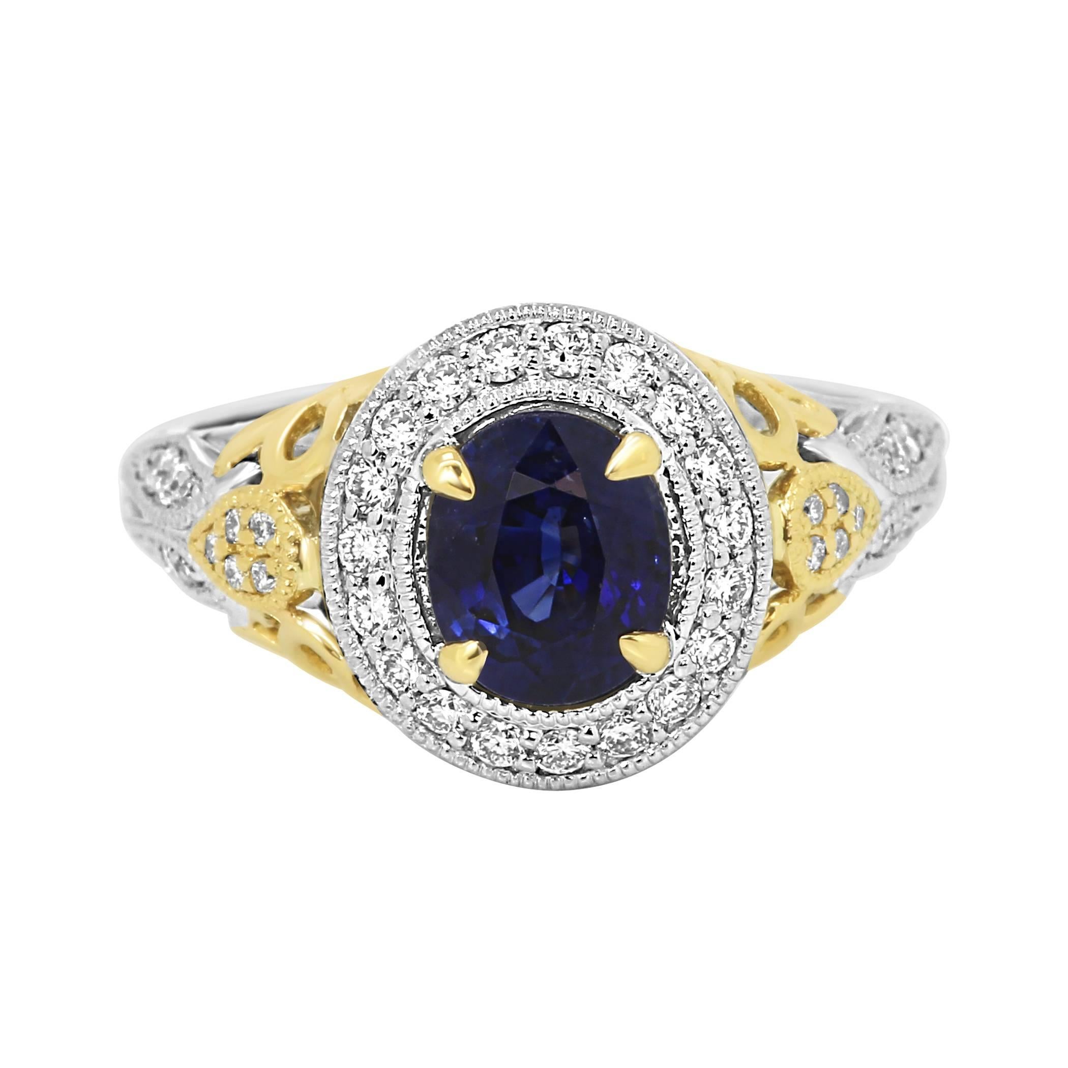 Blue Sapphire Diamond Halo Two Color Gold Ring