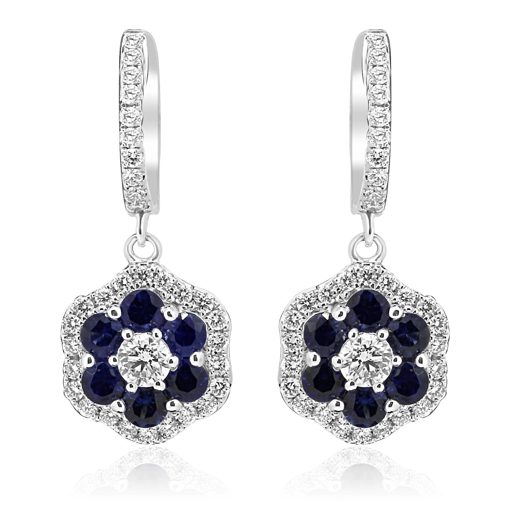Contemporary Blue Sapphire Diamond Halo White Gold Cluster Dangle Drop Lever Back Earring