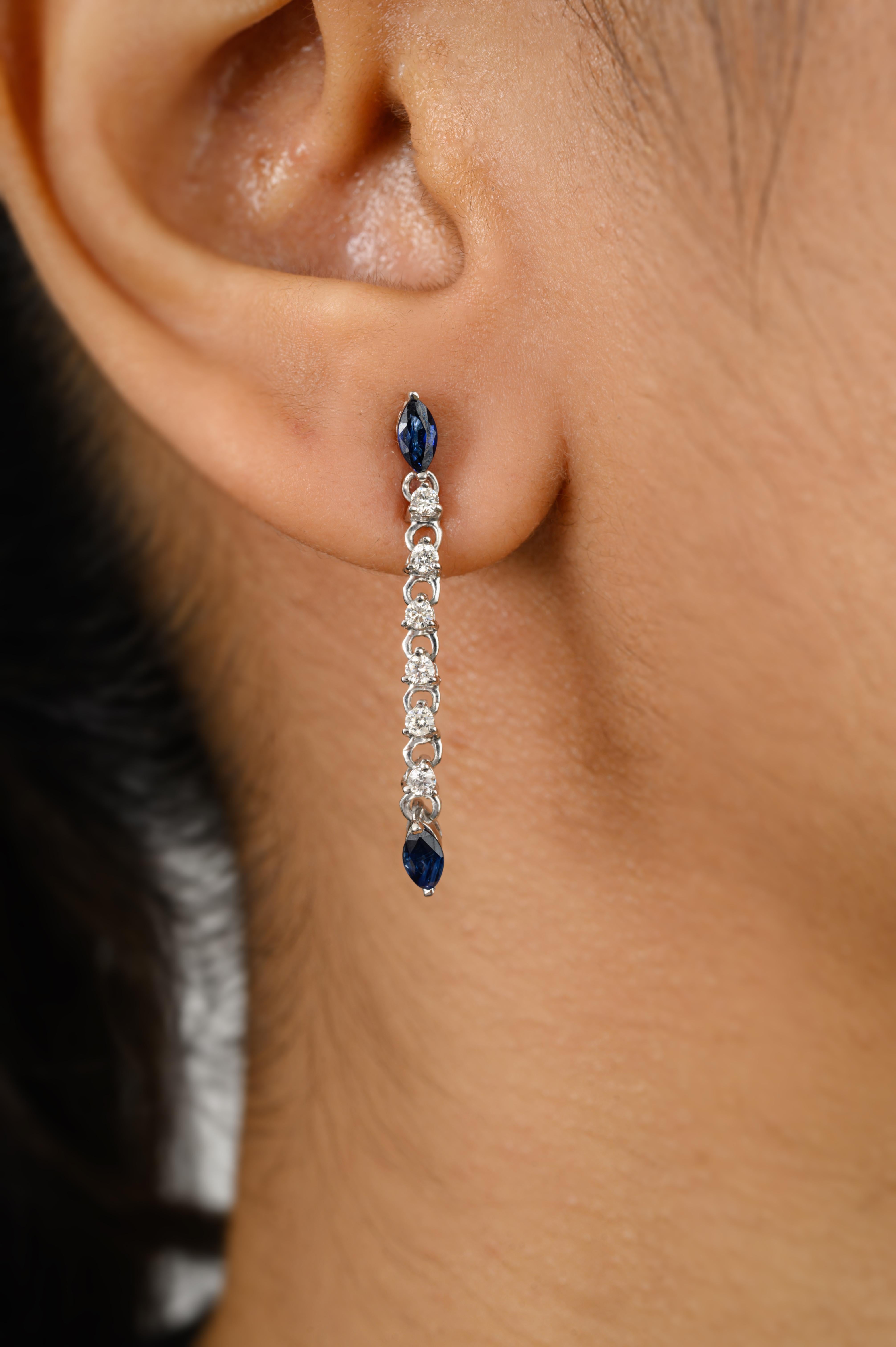 Taglio marquise Orecchini a goccia con diamante e zaffiro blu Whiting in oro bianco 14k in vendita