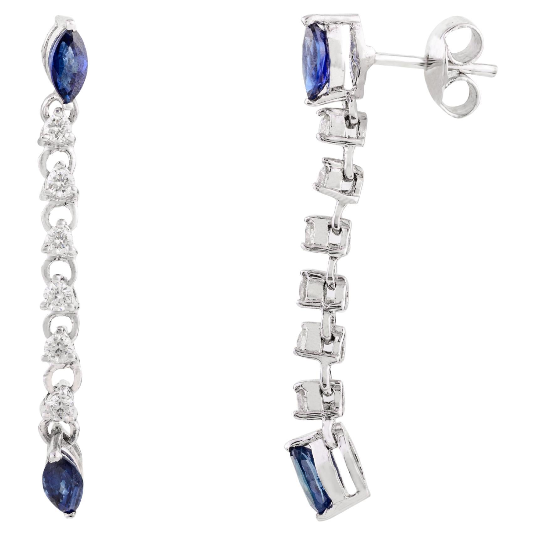 Blue Sapphire Diamond Hanging Engagement Drop Earrings Set in 14k white Gold