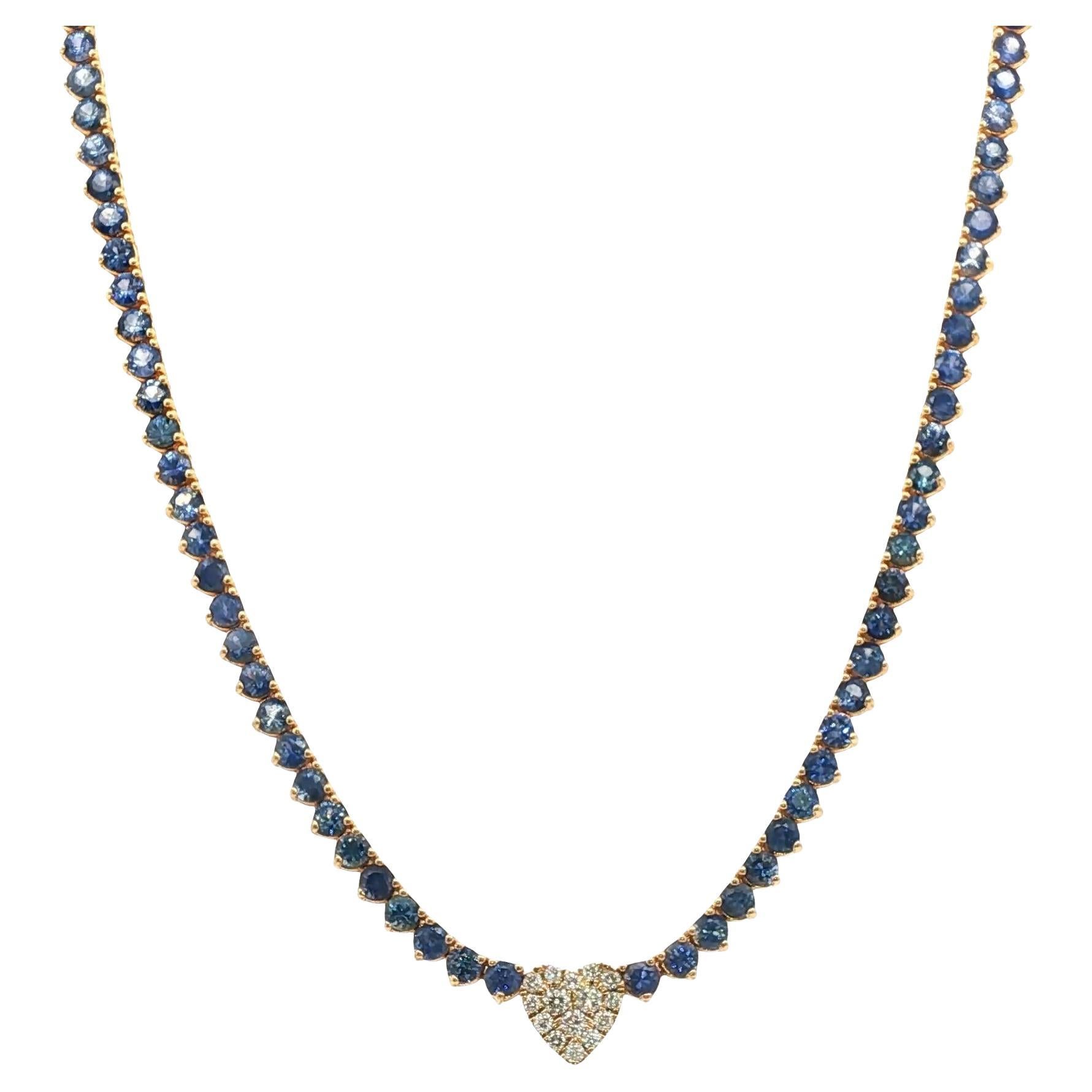 Collier à maillons en or jaune 14 carats avec saphir bleu et diamant en forme de coeur en vente