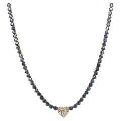 Collier à maillons en or jaune 14 carats avec saphir bleu et diamant en forme de coeur