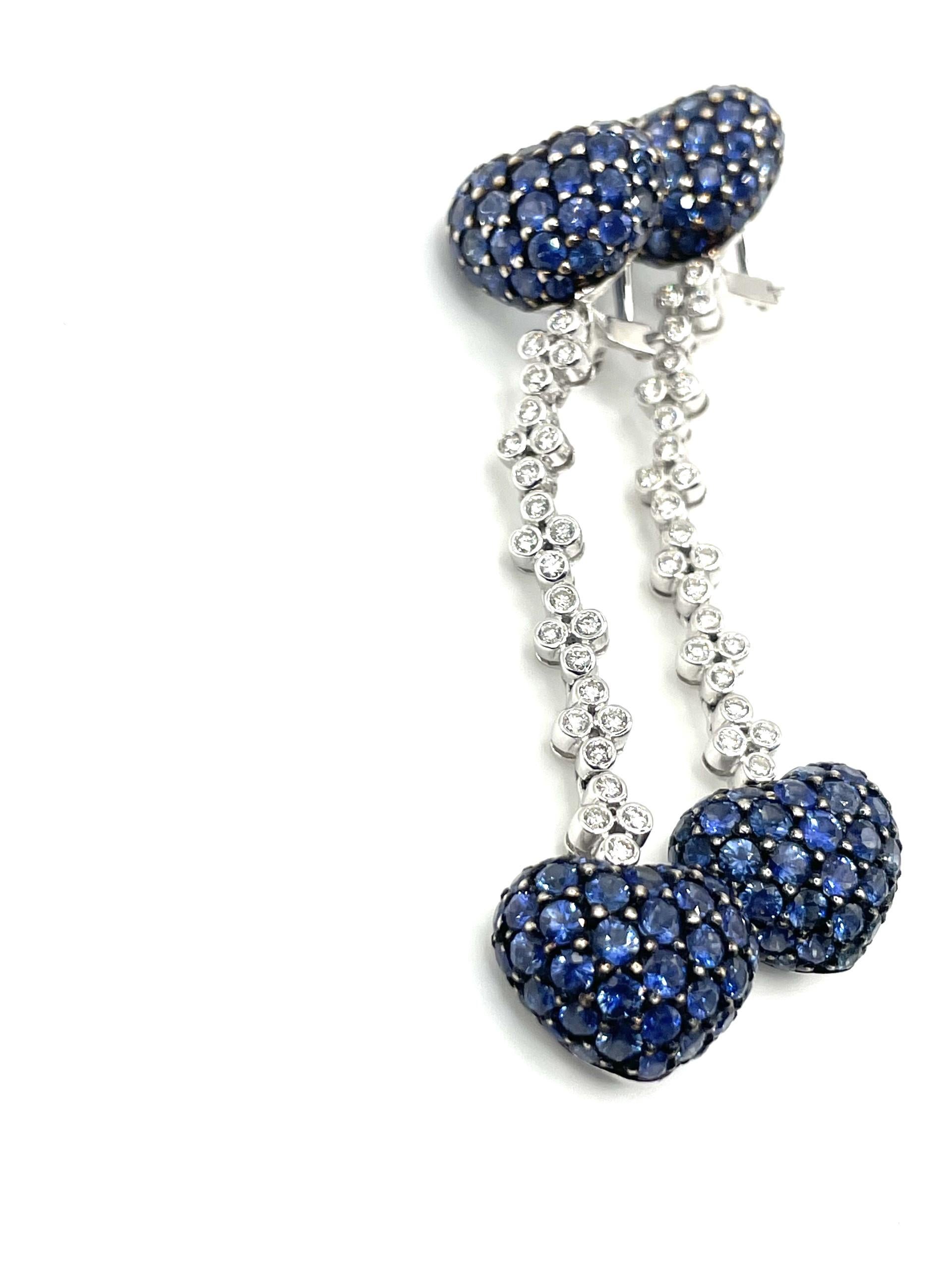 Contemporary Blue Sapphire & Diamond, Heart To Heart Drop Earrings in 18Kt White Gold  For Sale