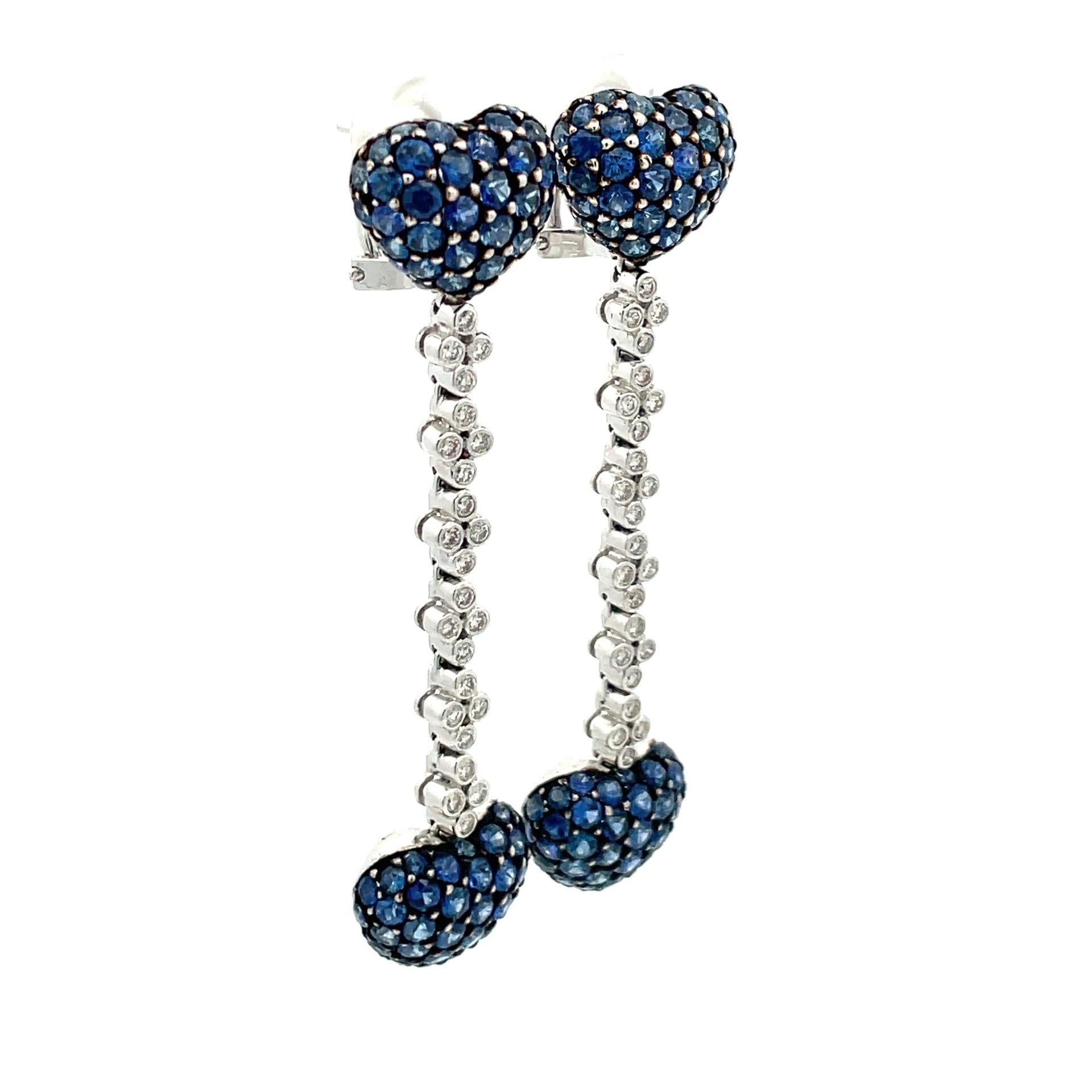 Round Cut Blue Sapphire & Diamond, Heart To Heart Drop Earrings in 18Kt White Gold  For Sale