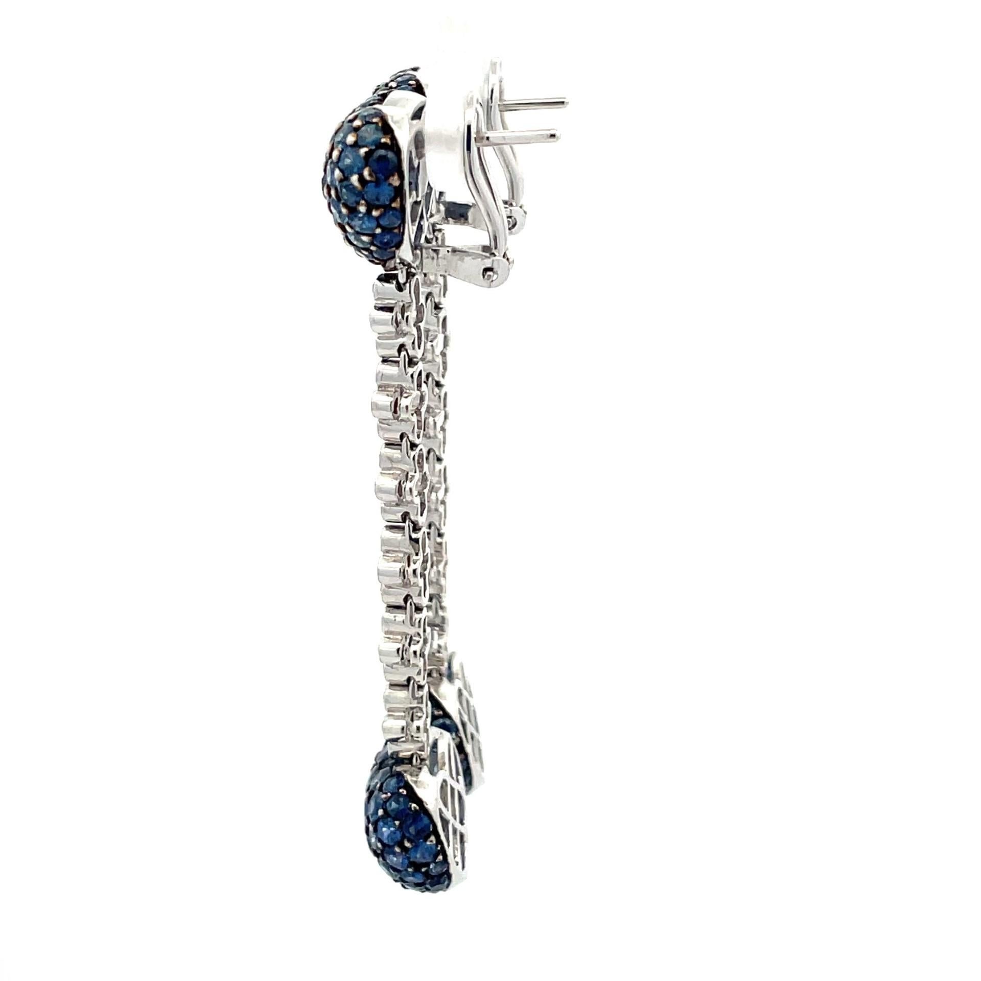 Blue Sapphire & Diamond, Heart To Heart Drop Earrings in 18Kt White Gold  In New Condition For Sale In Westmount, CA