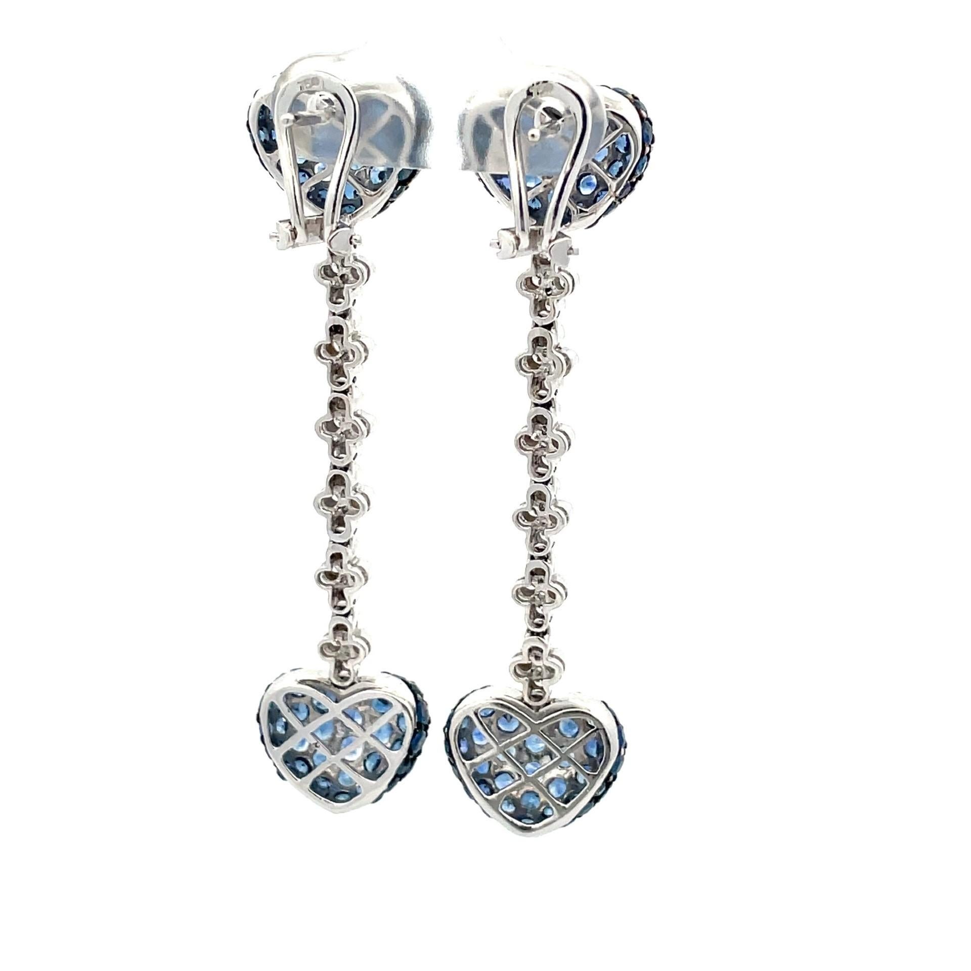 Women's Blue Sapphire & Diamond, Heart To Heart Drop Earrings in 18Kt White Gold  For Sale