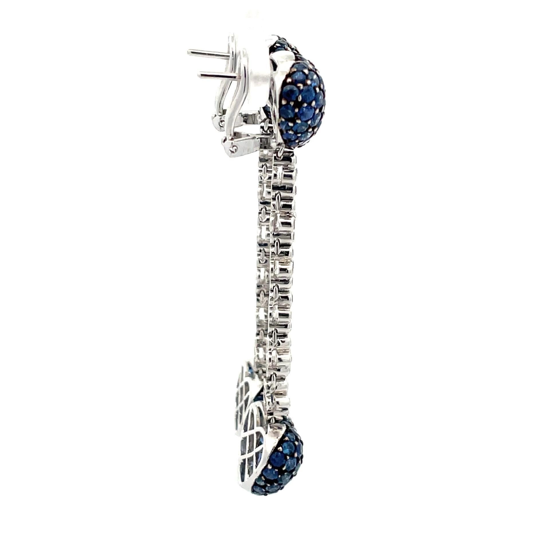 Blue Sapphire & Diamond, Heart To Heart Drop Earrings in 18Kt White Gold  For Sale 1