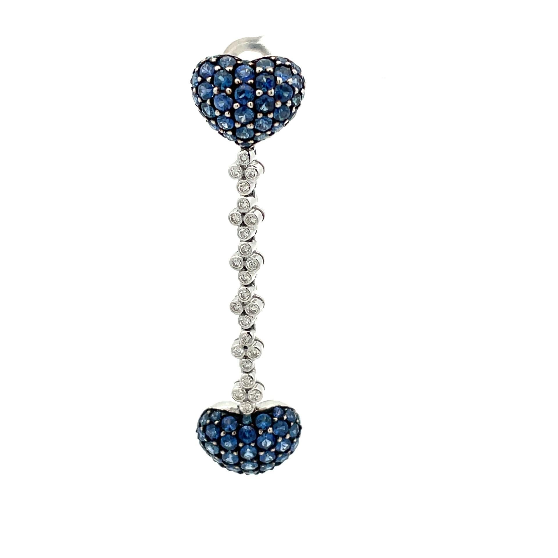 Blue Sapphire & Diamond, Heart To Heart Drop Earrings in 18Kt White Gold  For Sale 2