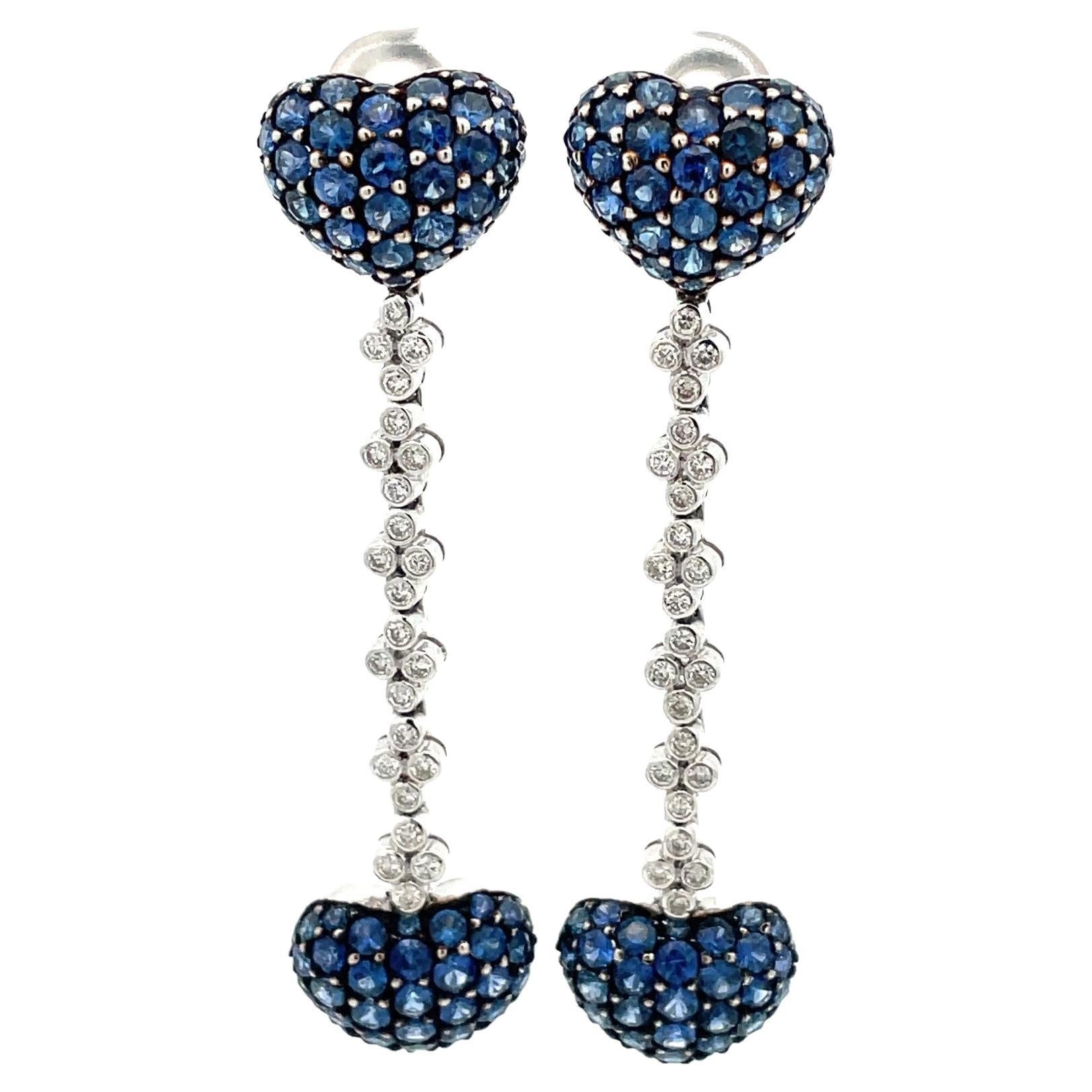 Blue Sapphire & Diamond, Heart To Heart Drop Earrings in 18Kt White Gold  For Sale