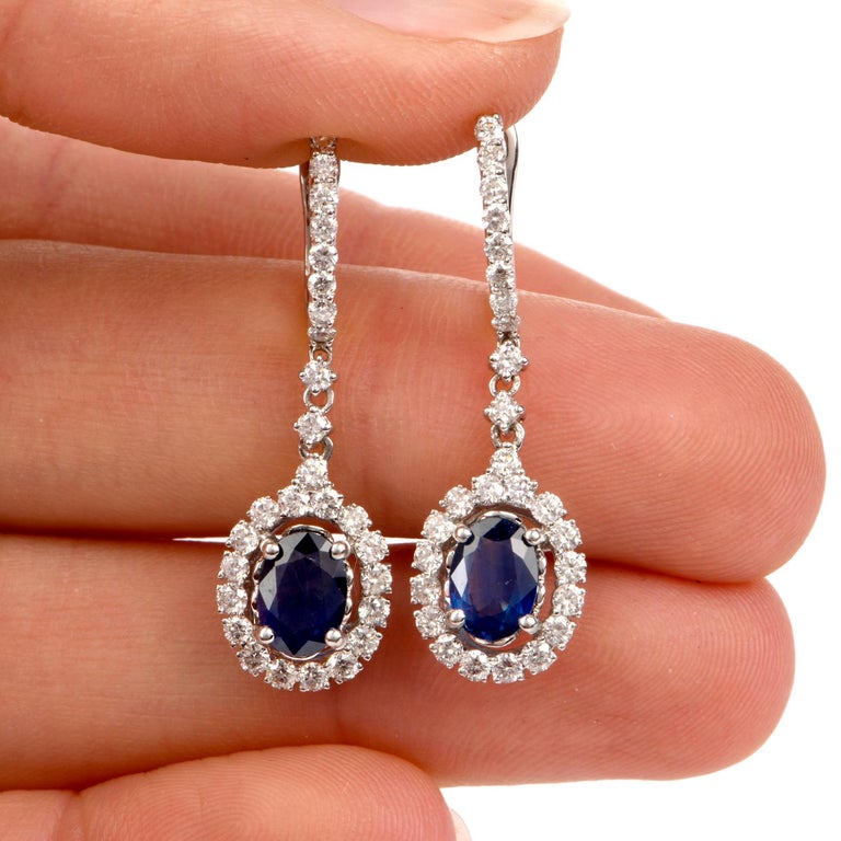 Blue Sapphire Diamond Huggie Dangle Drop Gold Earrings at 1stdibs