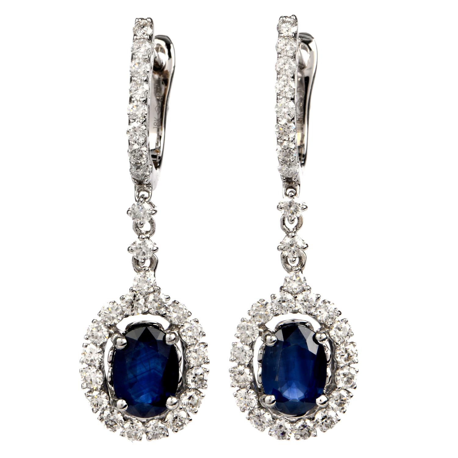Blue Sapphire Diamond Huggie Dangle Drop Gold Earrings