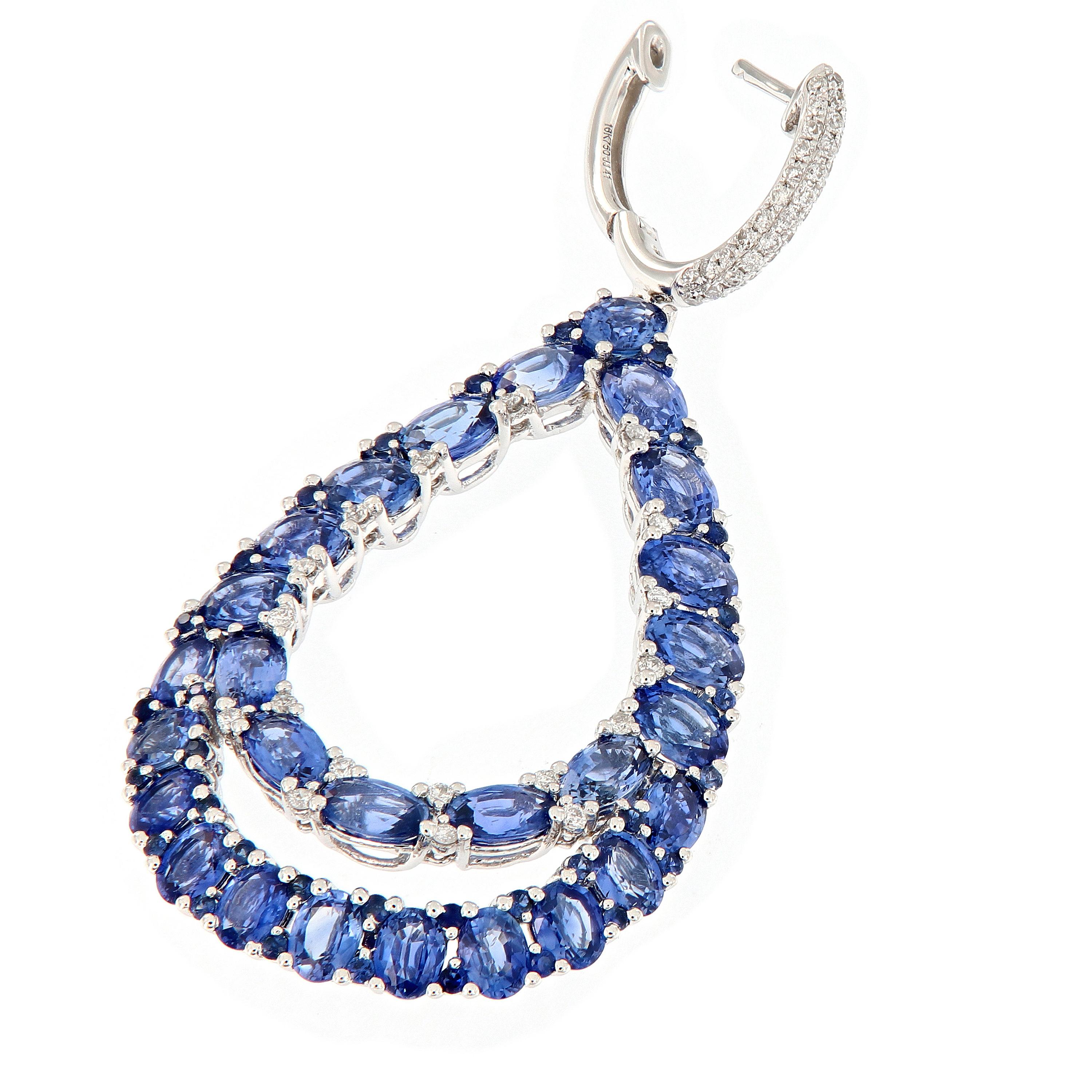 Blue Sapphire Diamond Large Pear Shaped Dangle Drop Earring In New Condition In Troy, MI