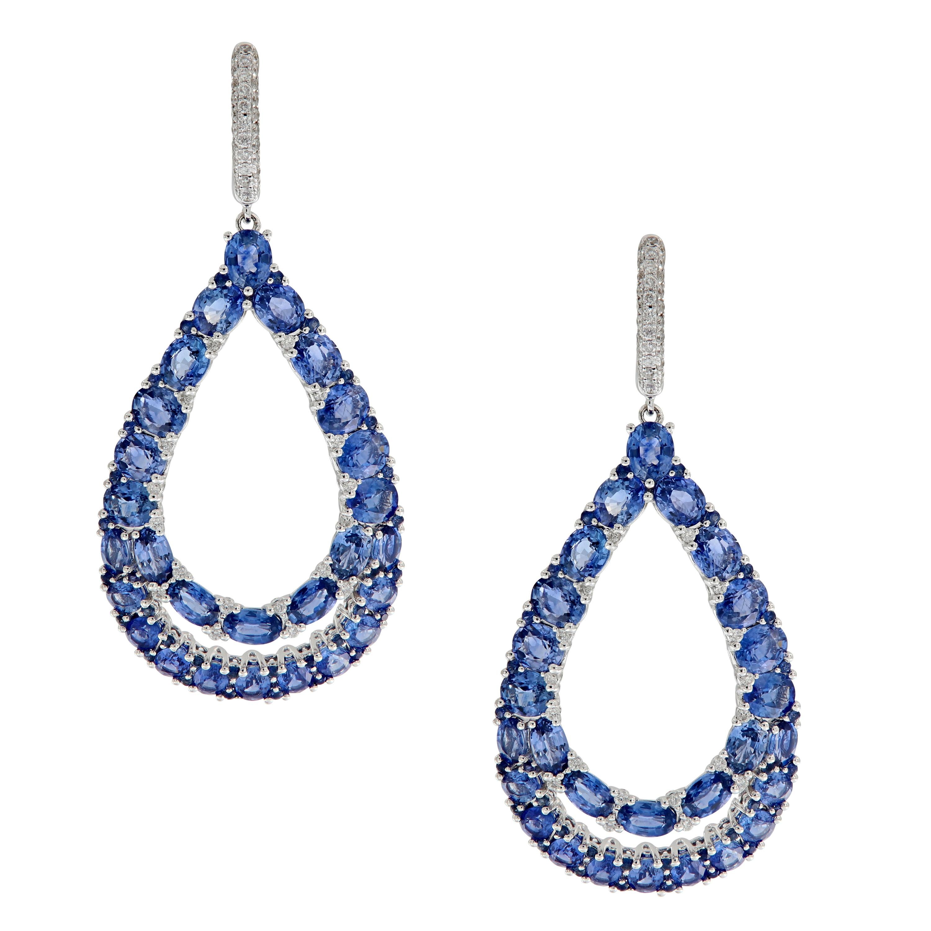 Blue Sapphire Diamond Large Pear Shaped Dangle Drop Earring
