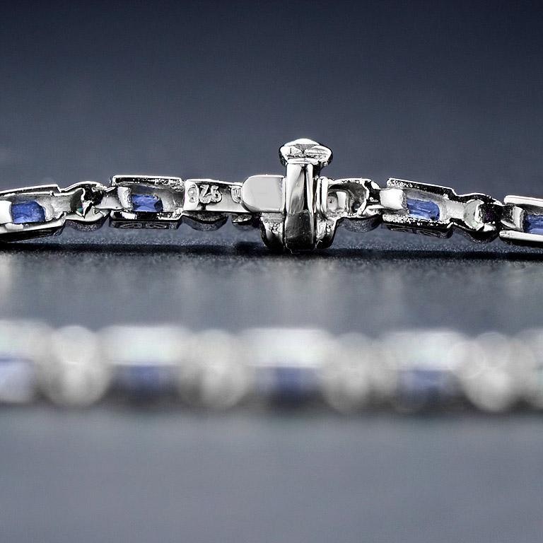 Art Deco Alternate Baguette Sapphire with Round Diamond Bracelet in 18K White Gold For Sale