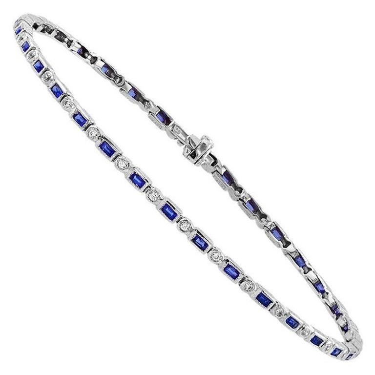Alternate Baguette Sapphire with Round Diamond Bracelet in 18K White Gold For Sale