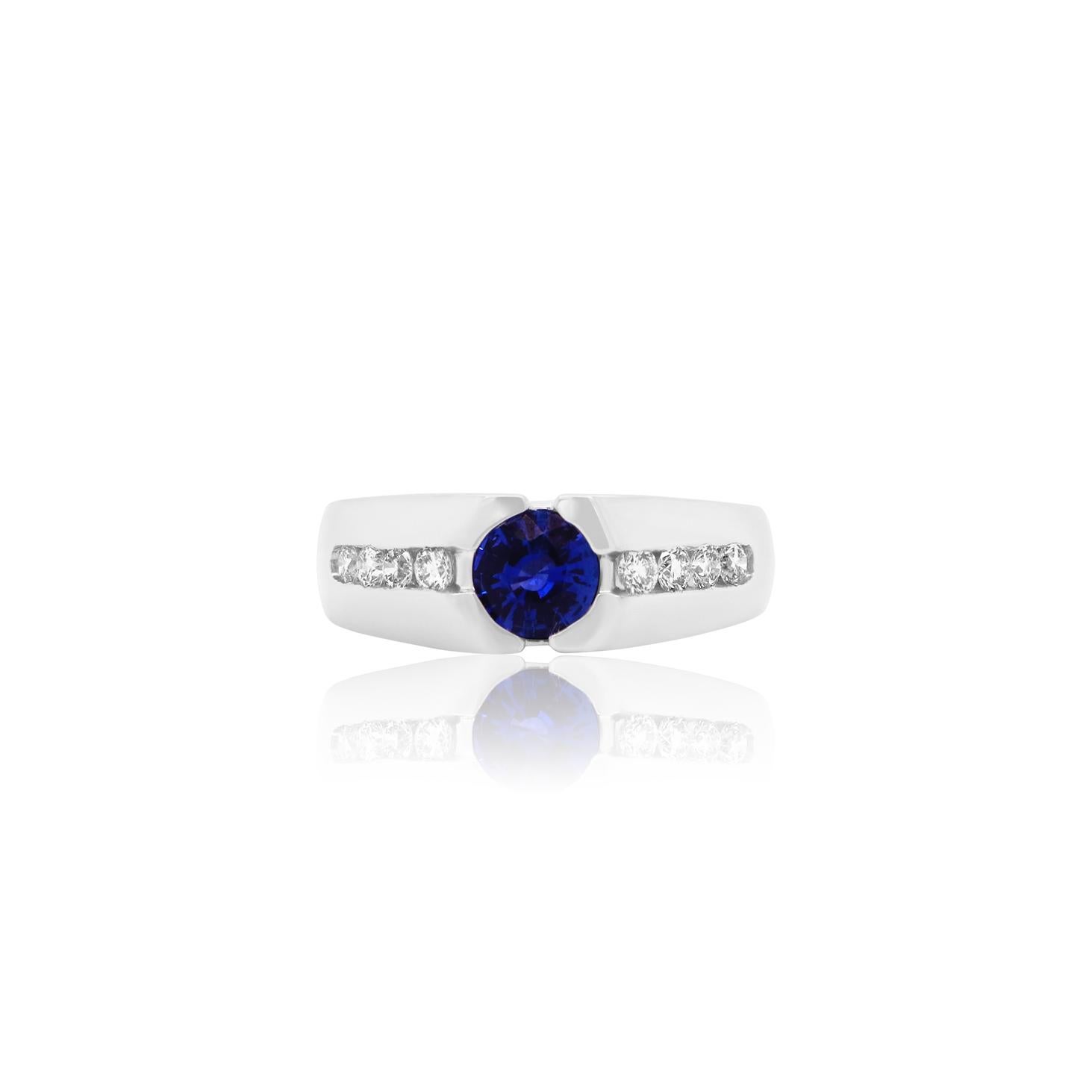 Contemporary Blue Sapphire Diamond Men's Gents Unisex Band Ring 14k White Gold