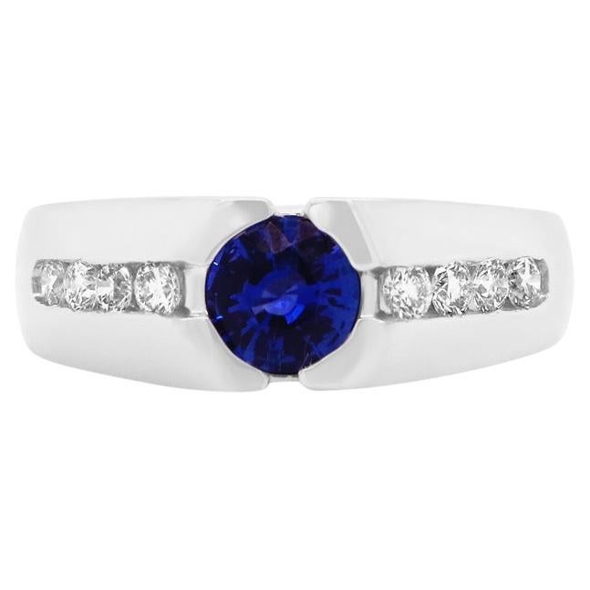 Blue Sapphire Diamond Men
s Gents Unisex Band Ring 14k White Gold