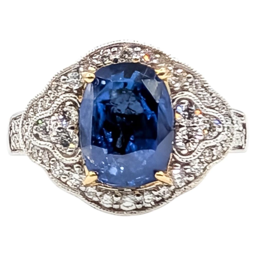 Anello con zaffiro blu e diamanti con finitura milgrain in platino e oro 18 carati - GIA 2235679366