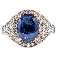 Blue Sapphire & Diamond Milgrain Ring in Platinum & 18k Gold- GIA 2235679366