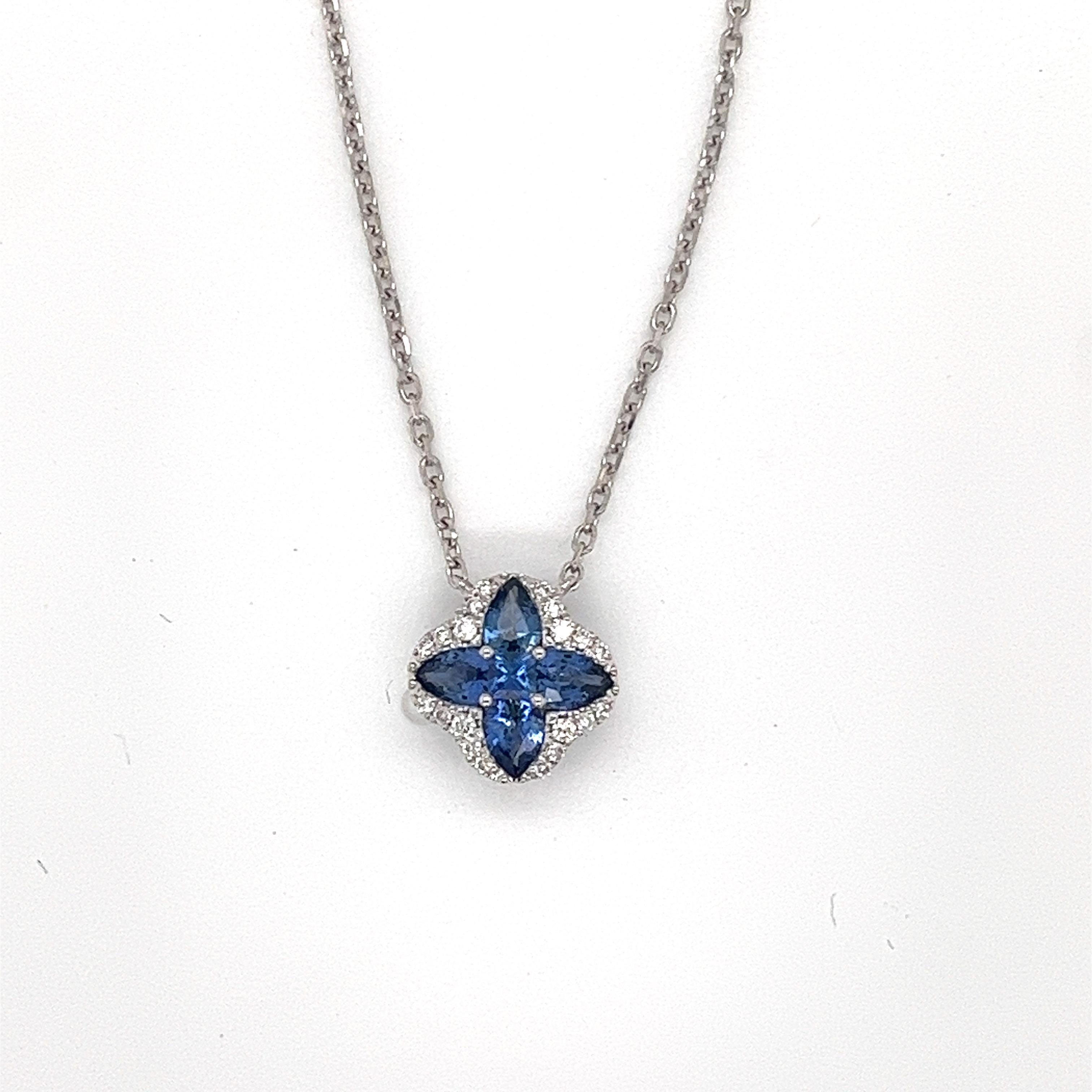 4 Pear shape sapphires weighing .71 cts
1 princess cut sapphire weighing .08 cts
20 round diamonds weighing .09 cts
H-SI
Set in 18k white gold necklace
2.7 grams
Adjustable white chain 16-18 in