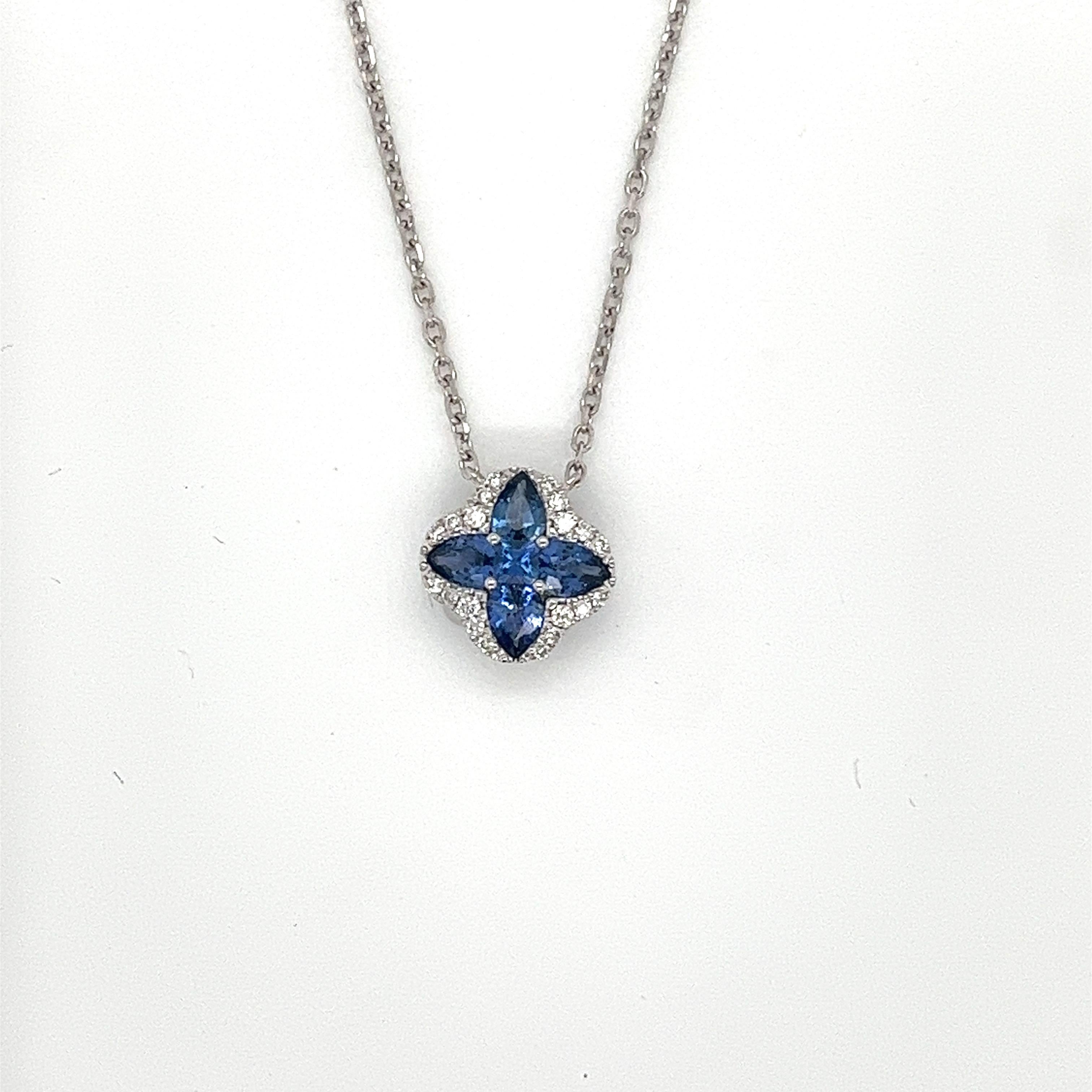 Modern Blue Sapphire & Diamond Necklace in 18 Karat White Gold For Sale
