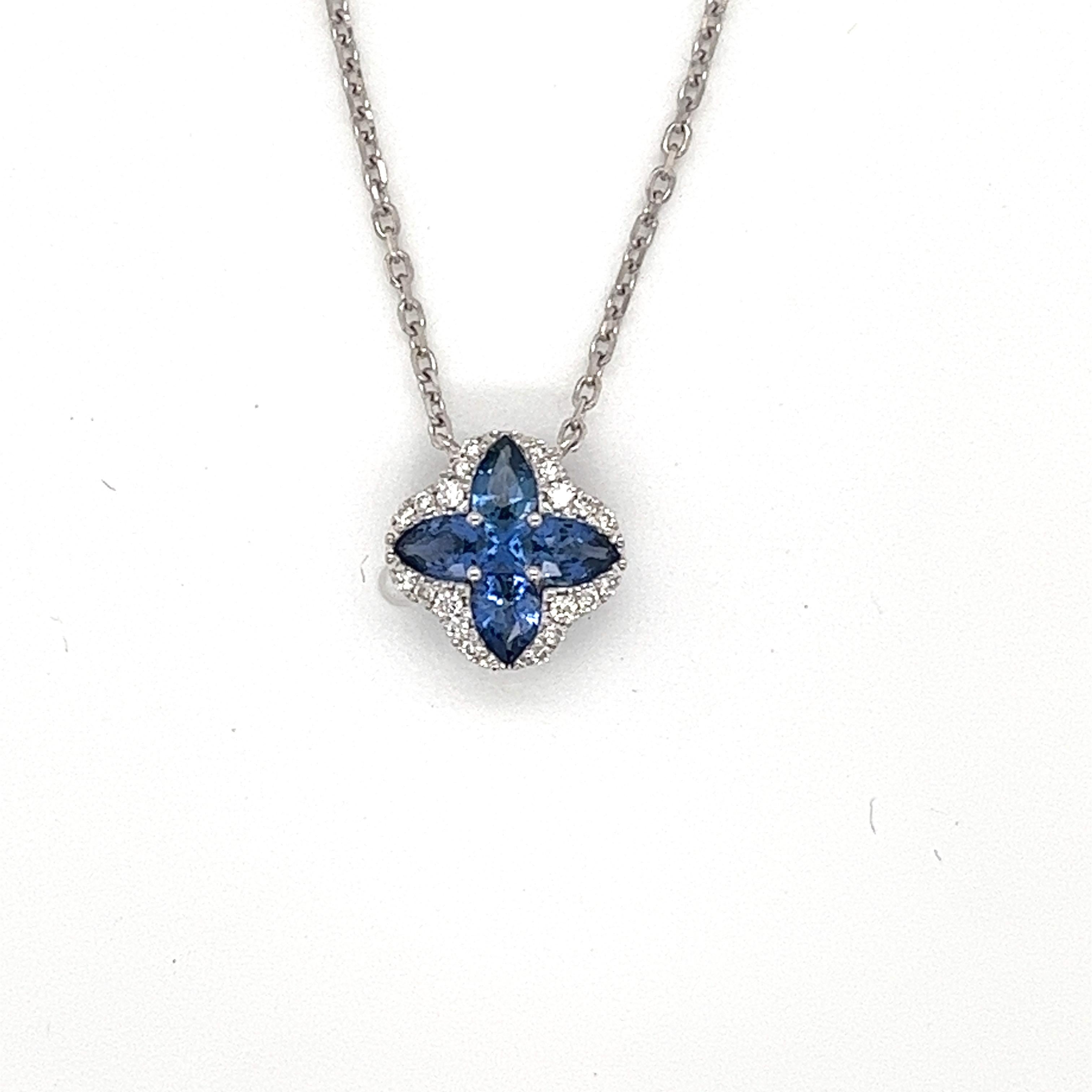 Blauer Saphir & Diamant-Halskette aus 18 Karat Weißgold (Tropfenschliff) im Angebot