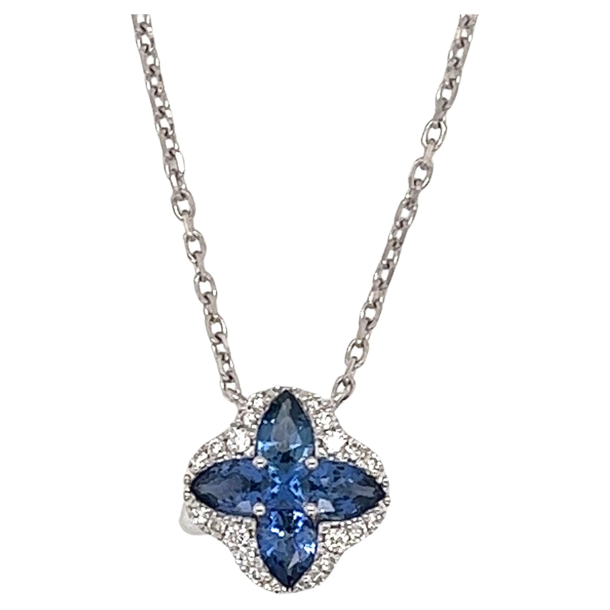 Blue Sapphire & Diamond Necklace in 18 Karat White Gold For Sale