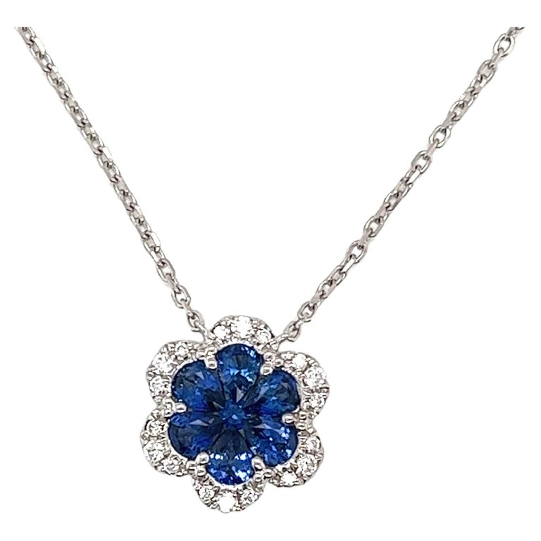 Blue Sapphire and Diamond Necklace in 18 Karat White Gold For Sale at