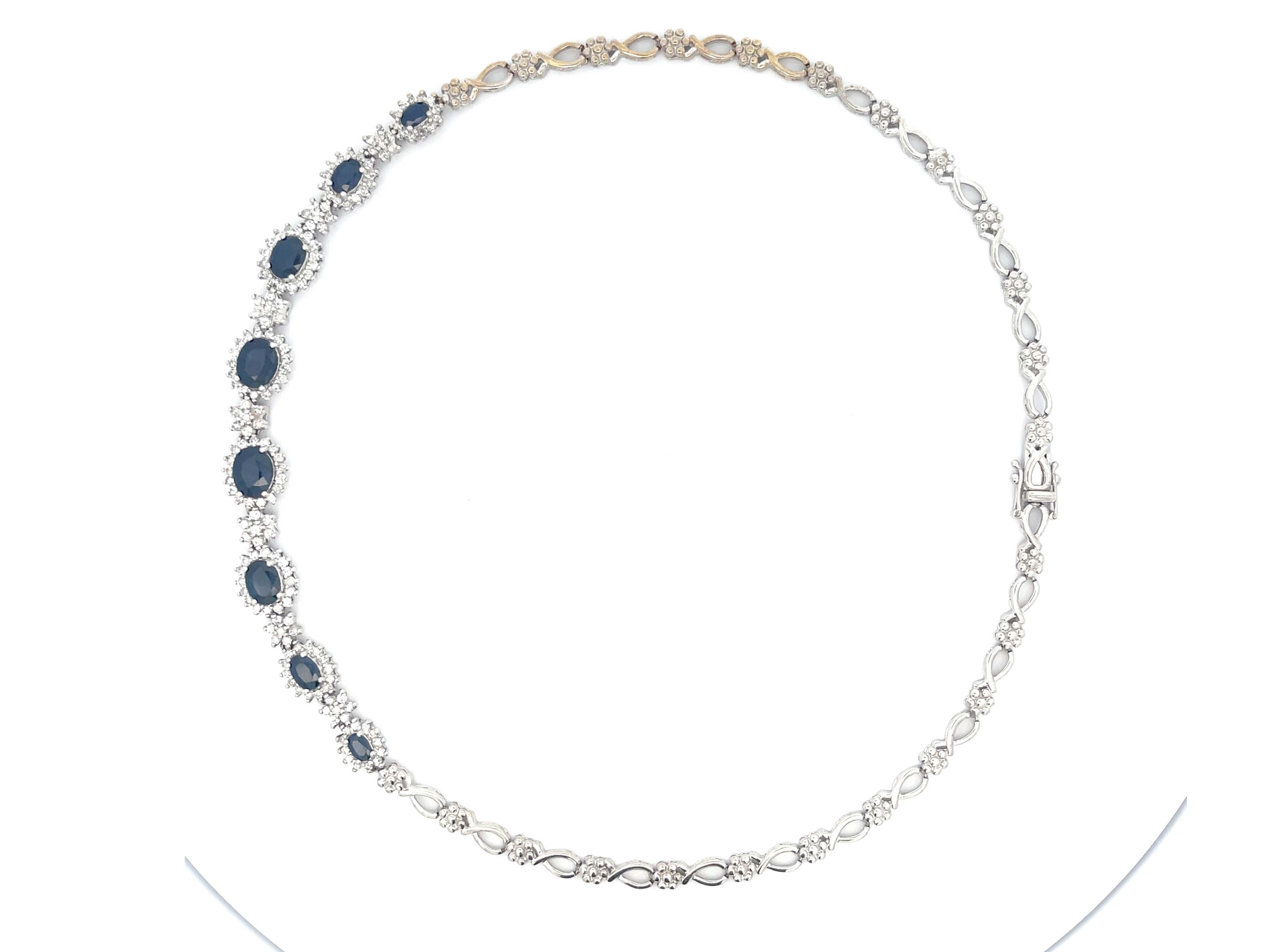 Oval Cut Blue Sapphire & Diamond Necklace in 18k White Gold For Sale