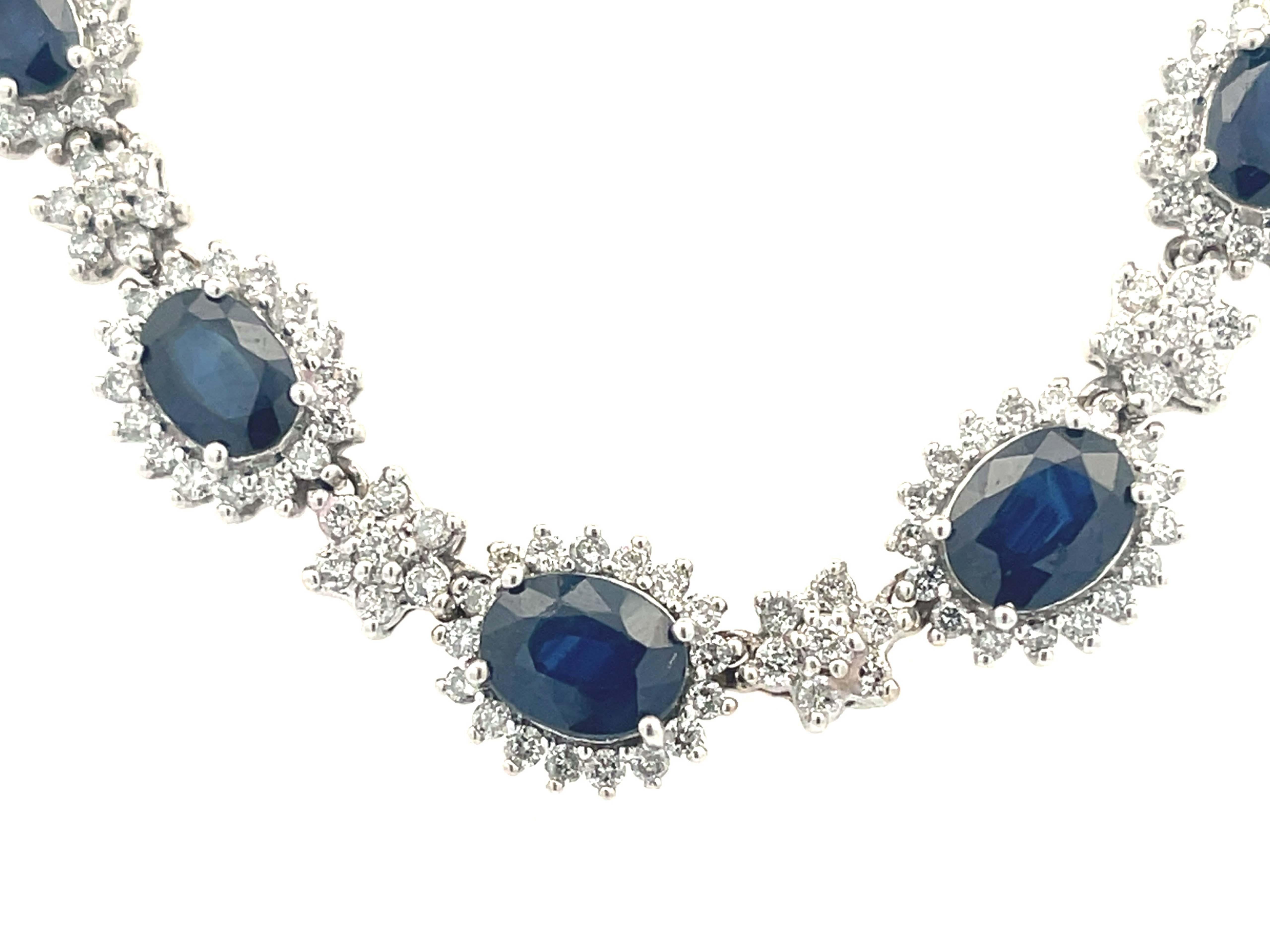 Women's Blue Sapphire & Diamond Necklace in 18k White Gold For Sale