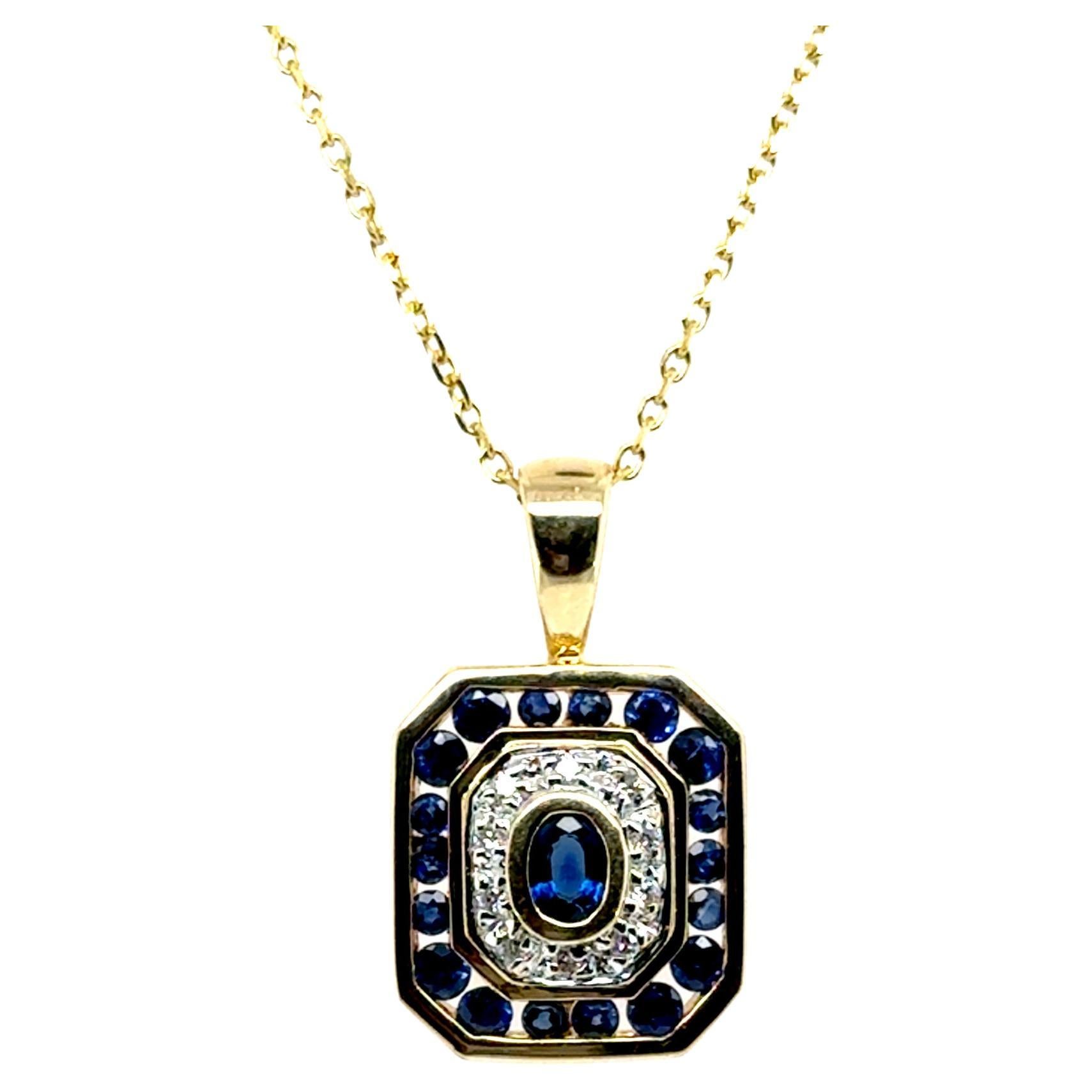 Blue Sapphire Diamond Necklace Pendant 1.25cttw 14K Yellow Gold