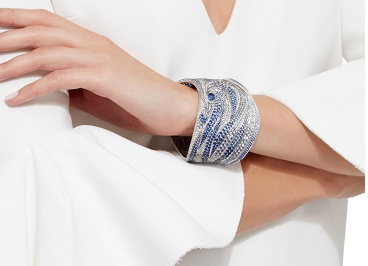 Women's White Gold, White Diamond and Blue Sapphire Bangle Bracelet